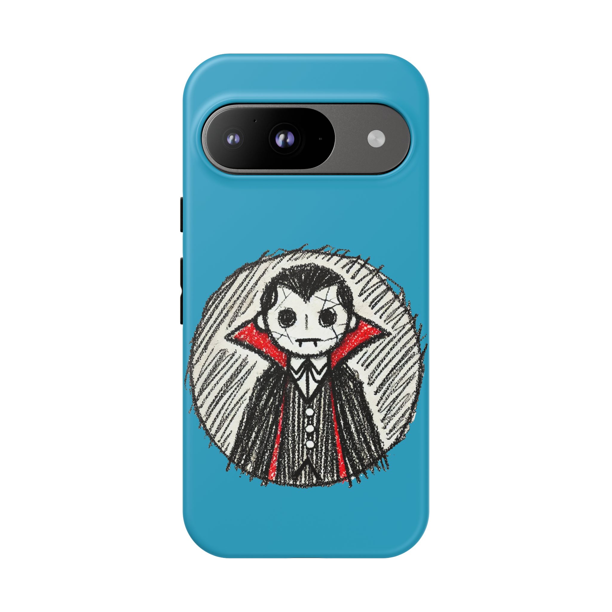 Phone case featuring a hand-drawn vampire character with a blue background.