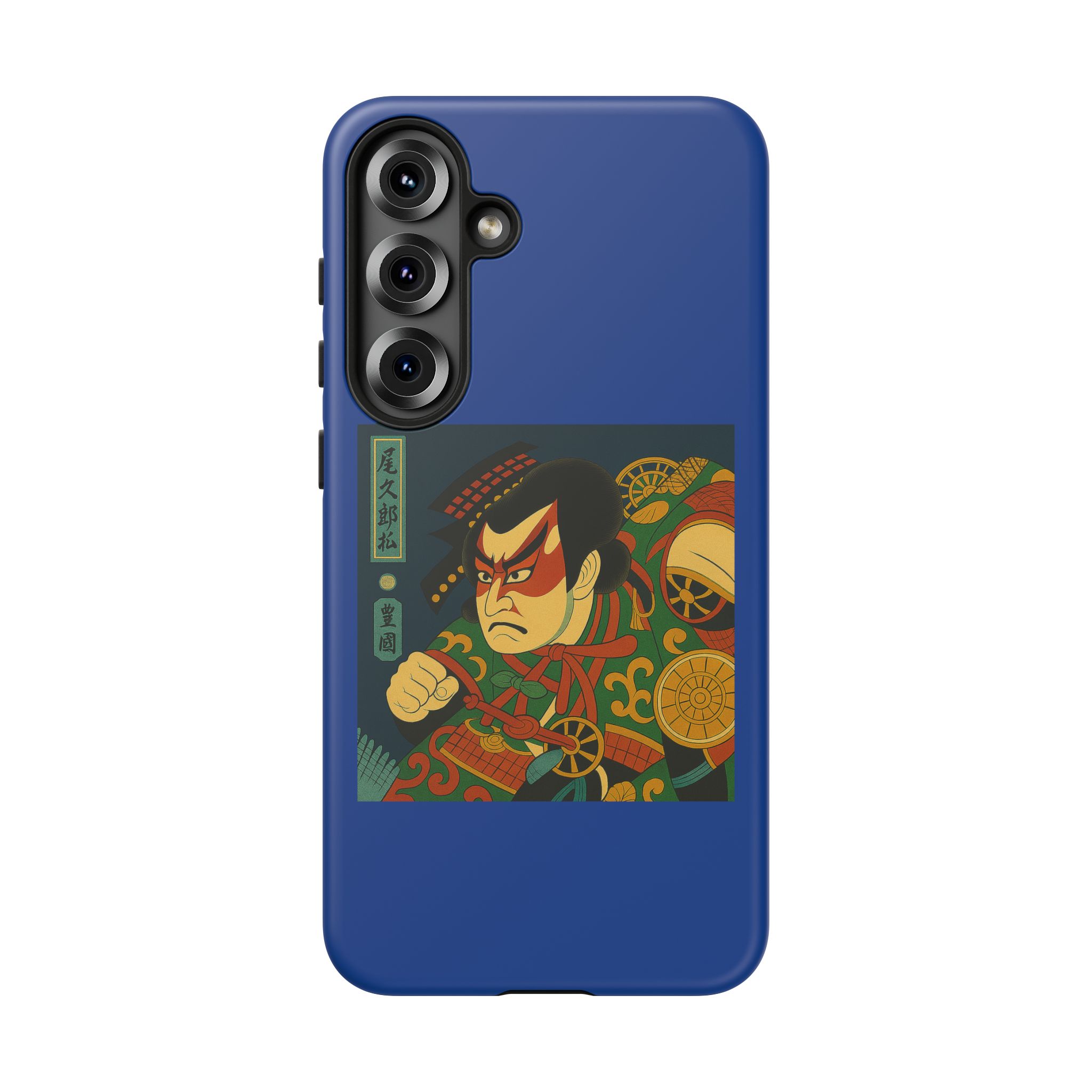 Blue phone case featuring traditional Japanese artwork of a character with a red mask and colorful patterns.