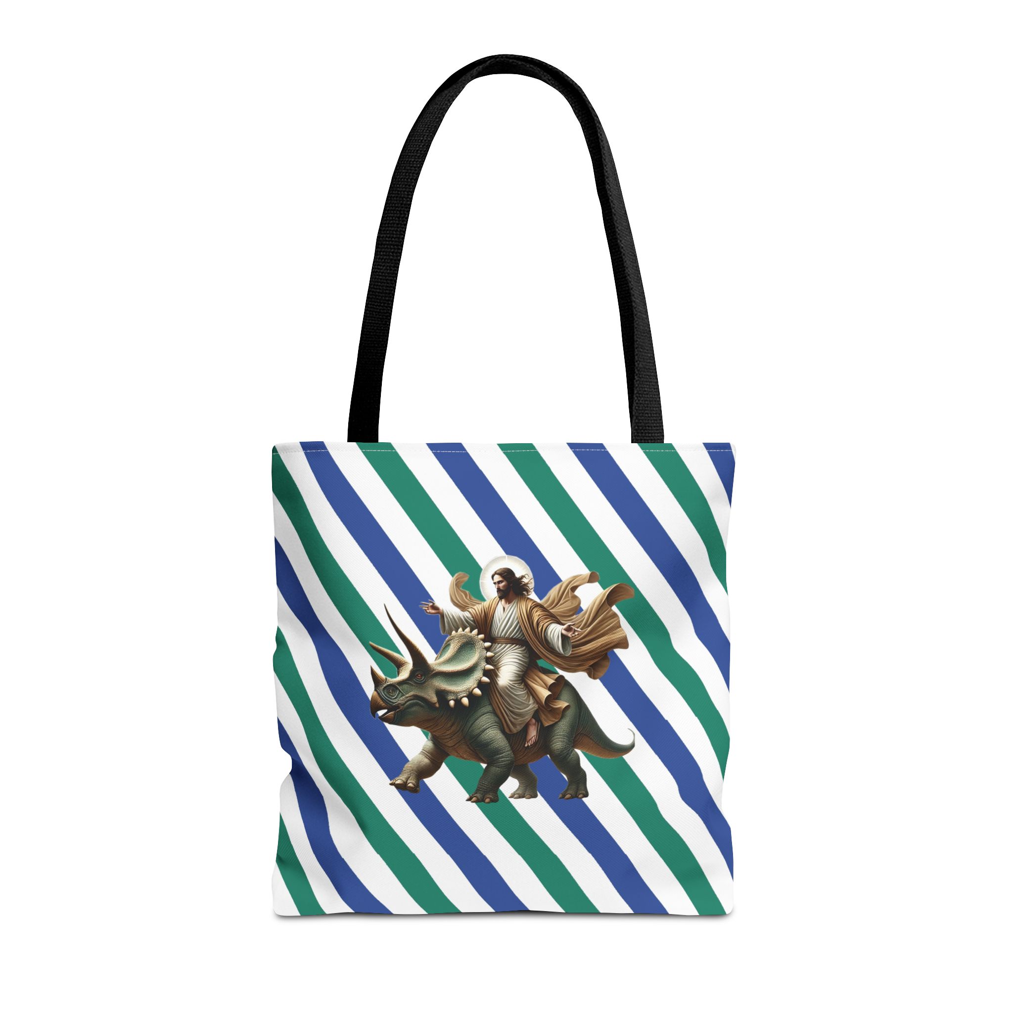Fun canvas tote bag jurassic boho tote bag Jesus riding triceratops shoulder bag satiric purse religious design sarcastic cute tote bag – Image 3