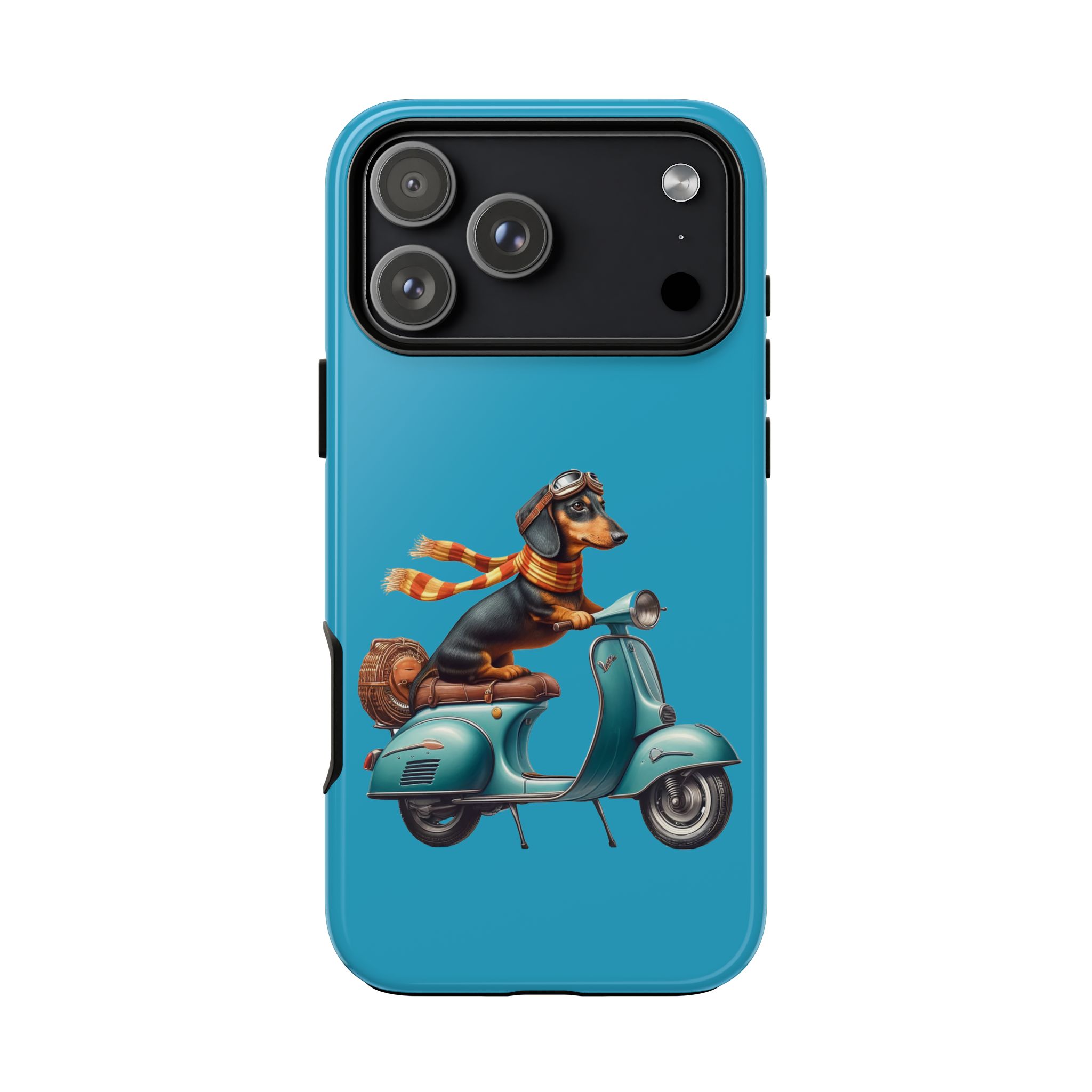 Dachshund wearing goggles and a scarf riding a vintage scooter on a blue phone case.
