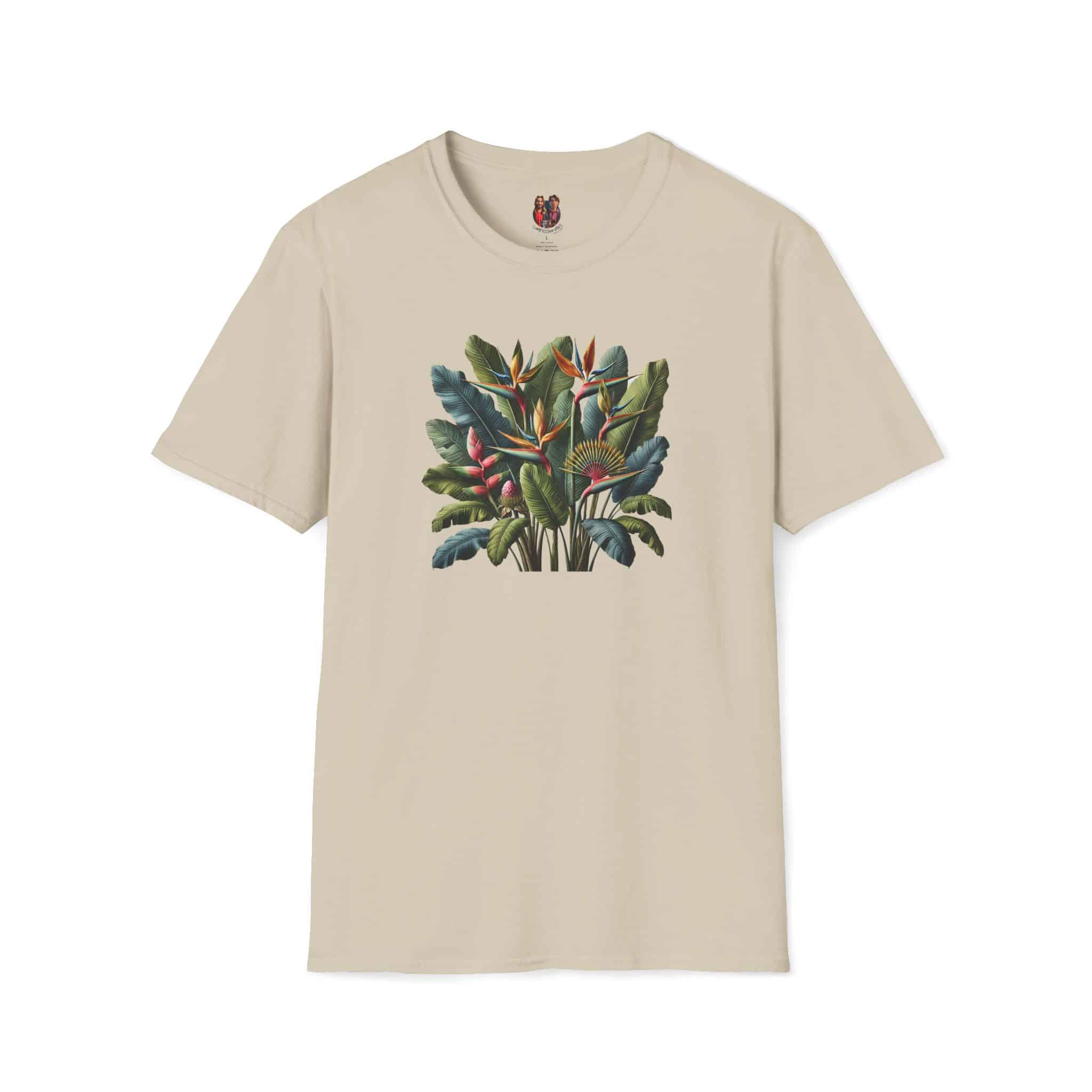 Beige T-shirt featuring a botanical print of tropical plants and flowers.