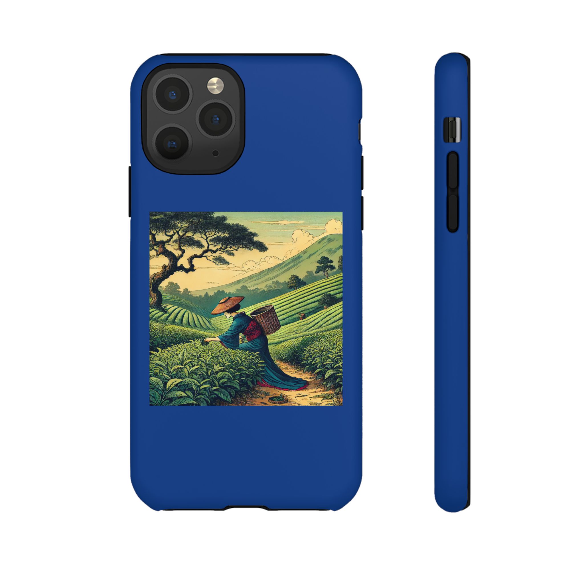 Blue phone case featuring a traditional artwork of a farmer in a tea field.