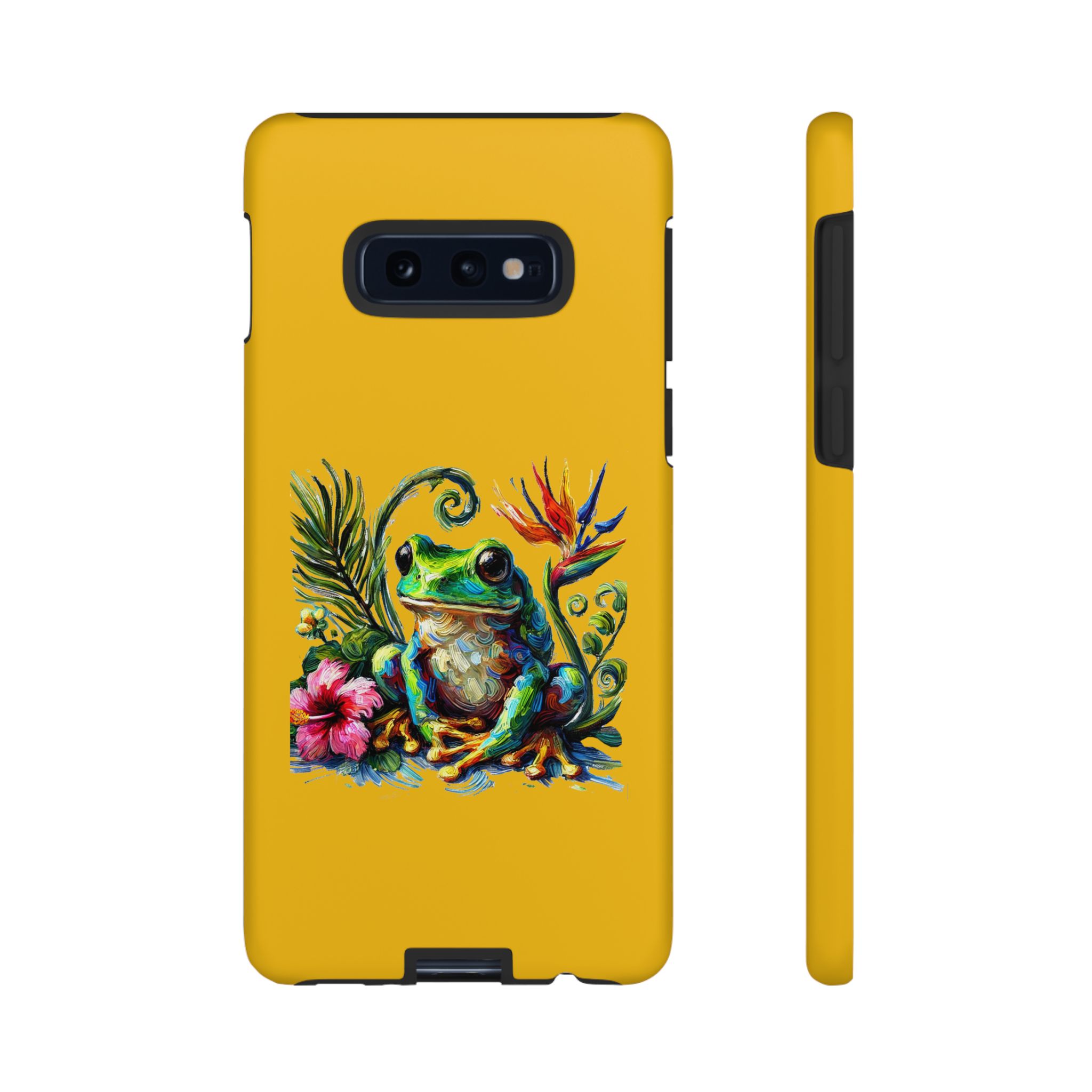 Phone case featuring a colorful frog design surrounded by tropical flowers and foliage.