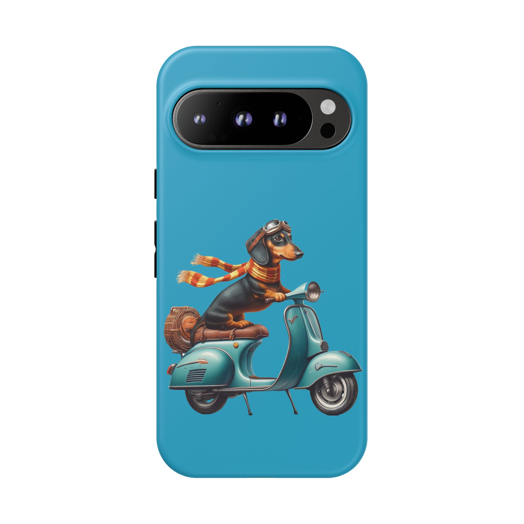 A phone case featuring a dachshund wearing goggles and a scarf, riding a vintage scooter.