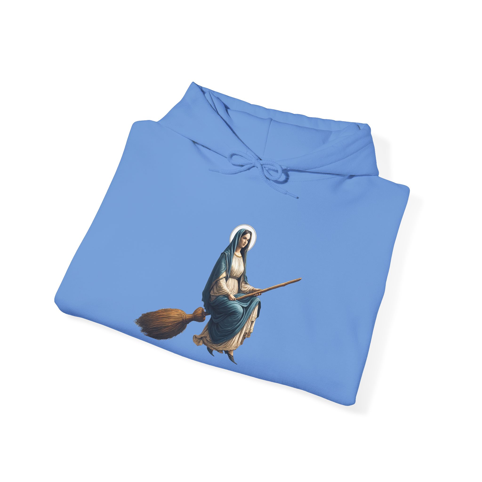 Blue hoodie featuring an illustration of a witch with a broomstick.