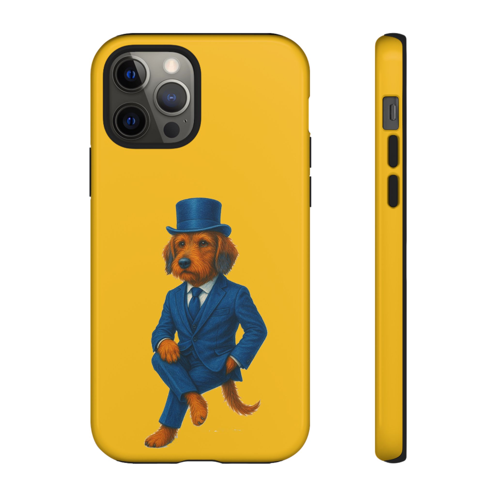Phone case featuring a dog wearing a blue suit and a top hat against a yellow background.