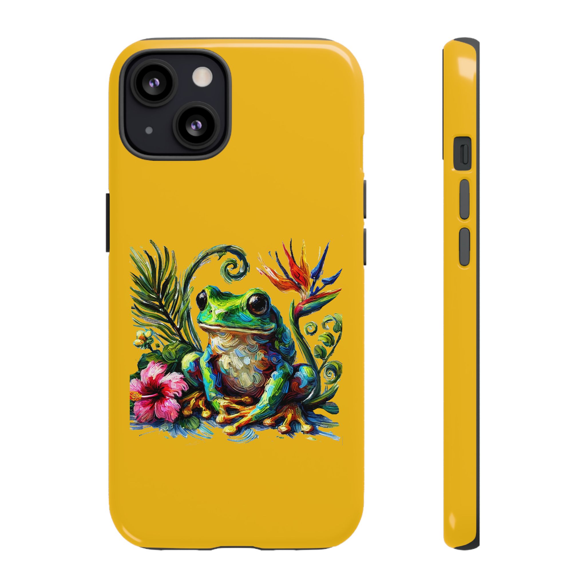 A vibrant yellow phone case featuring a colorful frog surrounded by tropical plants and flowers.
