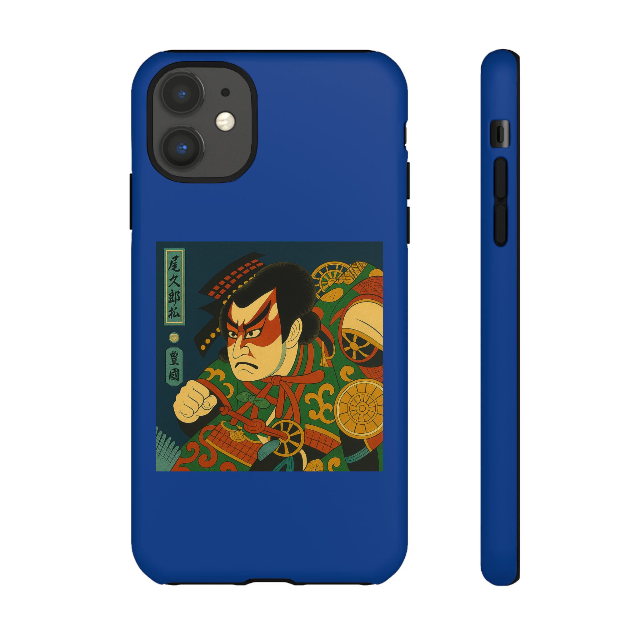 Blue phone case featuring traditional Japanese artwork of a samurai character with vibrant colors.