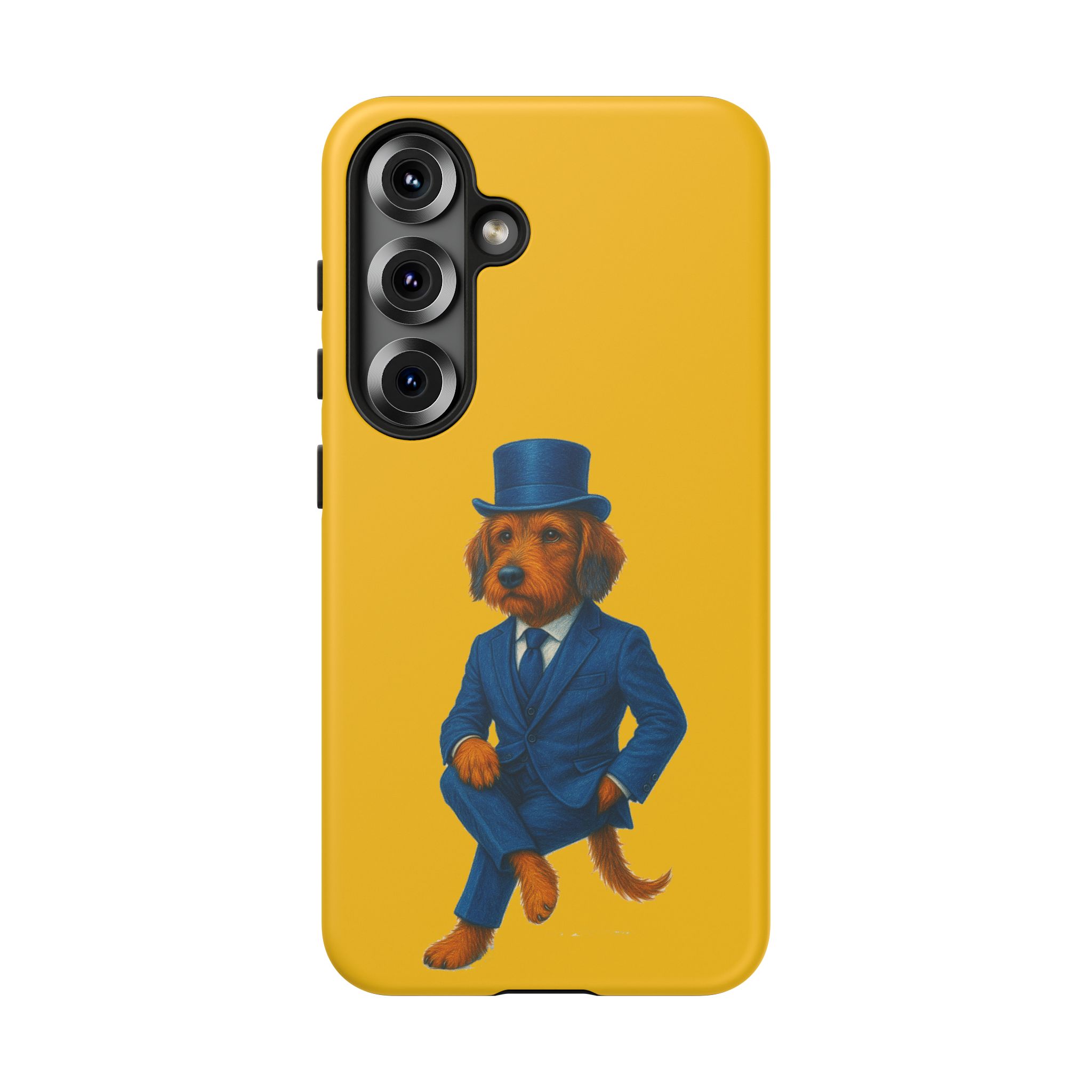 Phone case featuring a dog dressed in a suit and top hat against a yellow background.