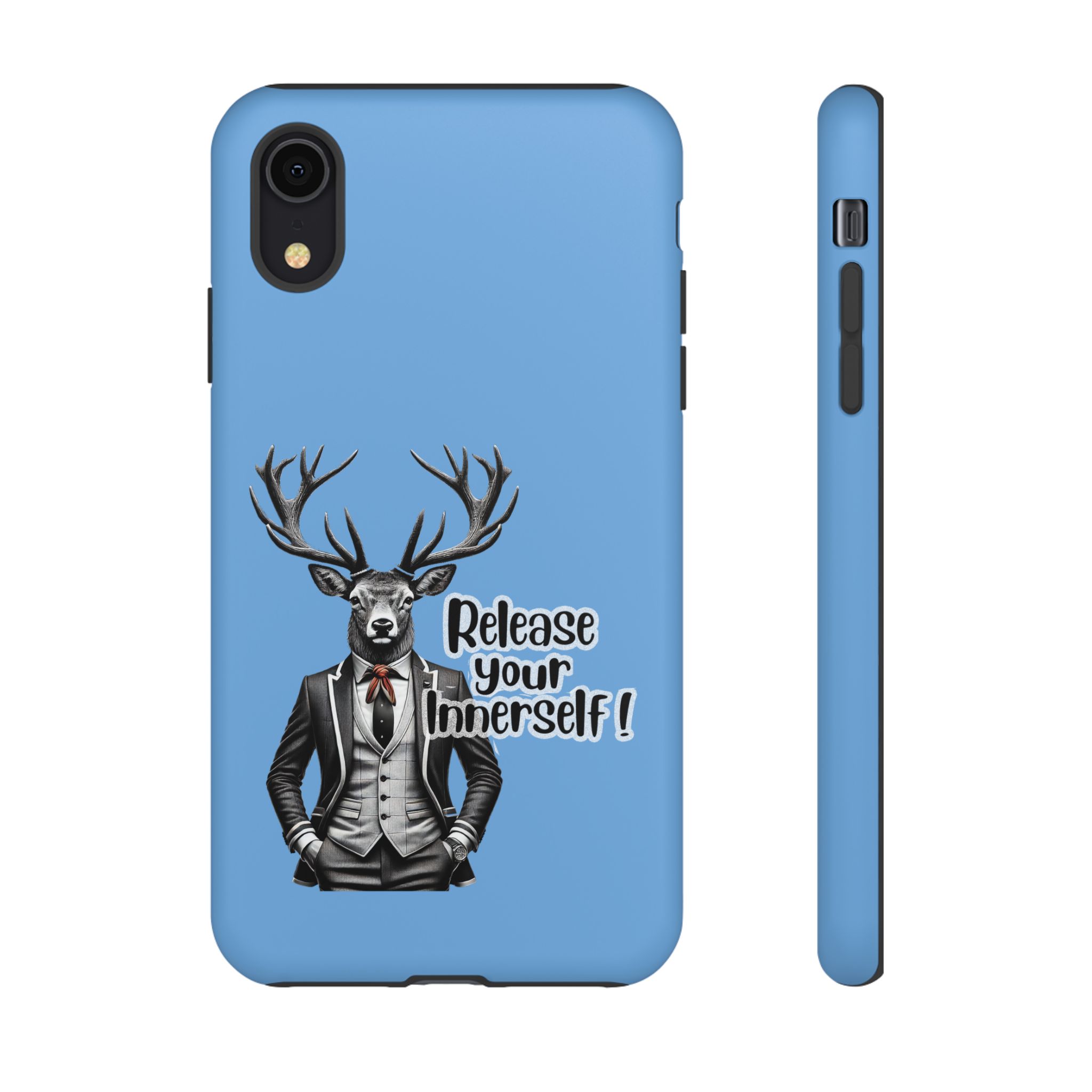 Blue phone case featuring a deer in a suit with the text 'Release your InnerSelf!'