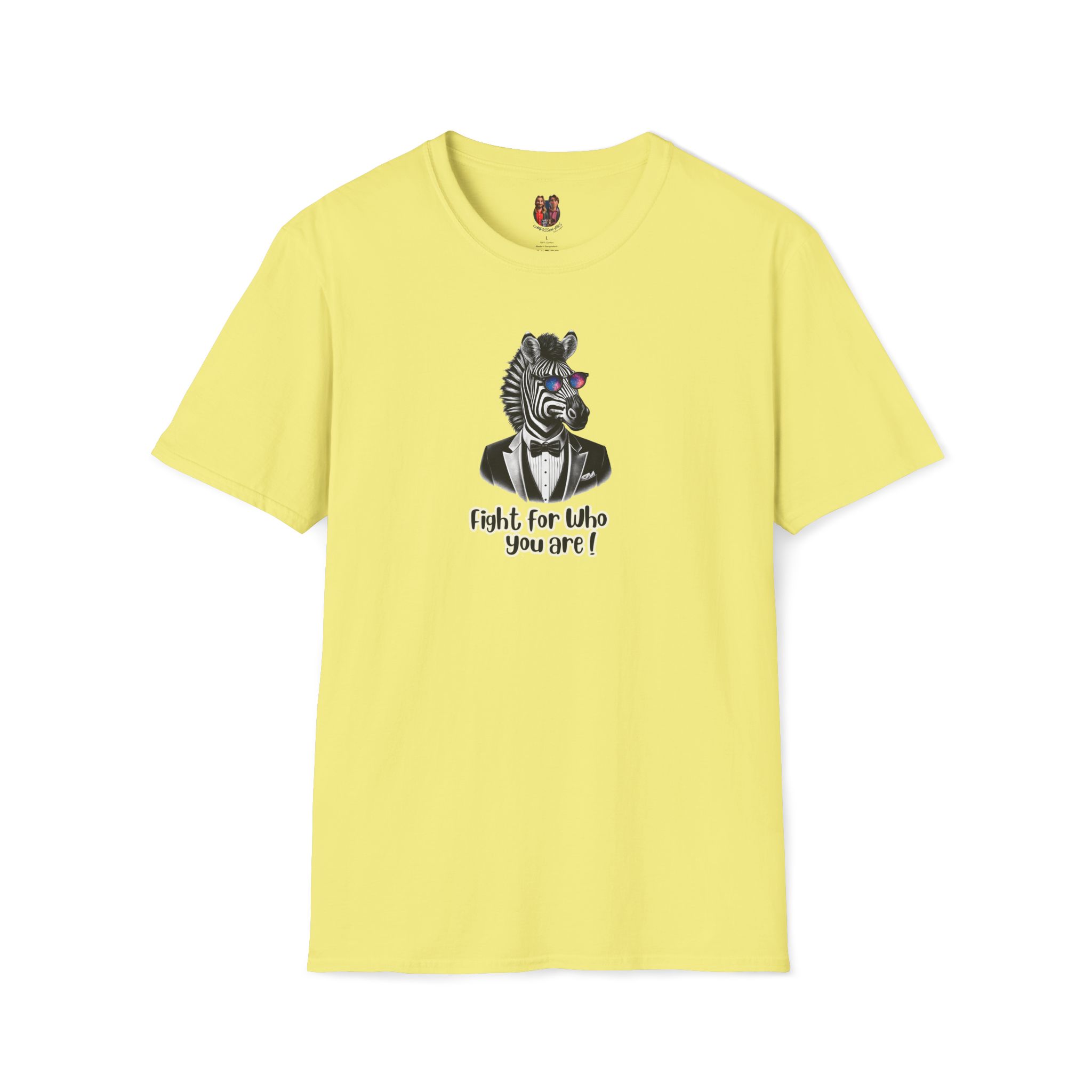 Yellow t-shirt featuring a zebra wearing a suit and the text 'Fight for Who you are!'