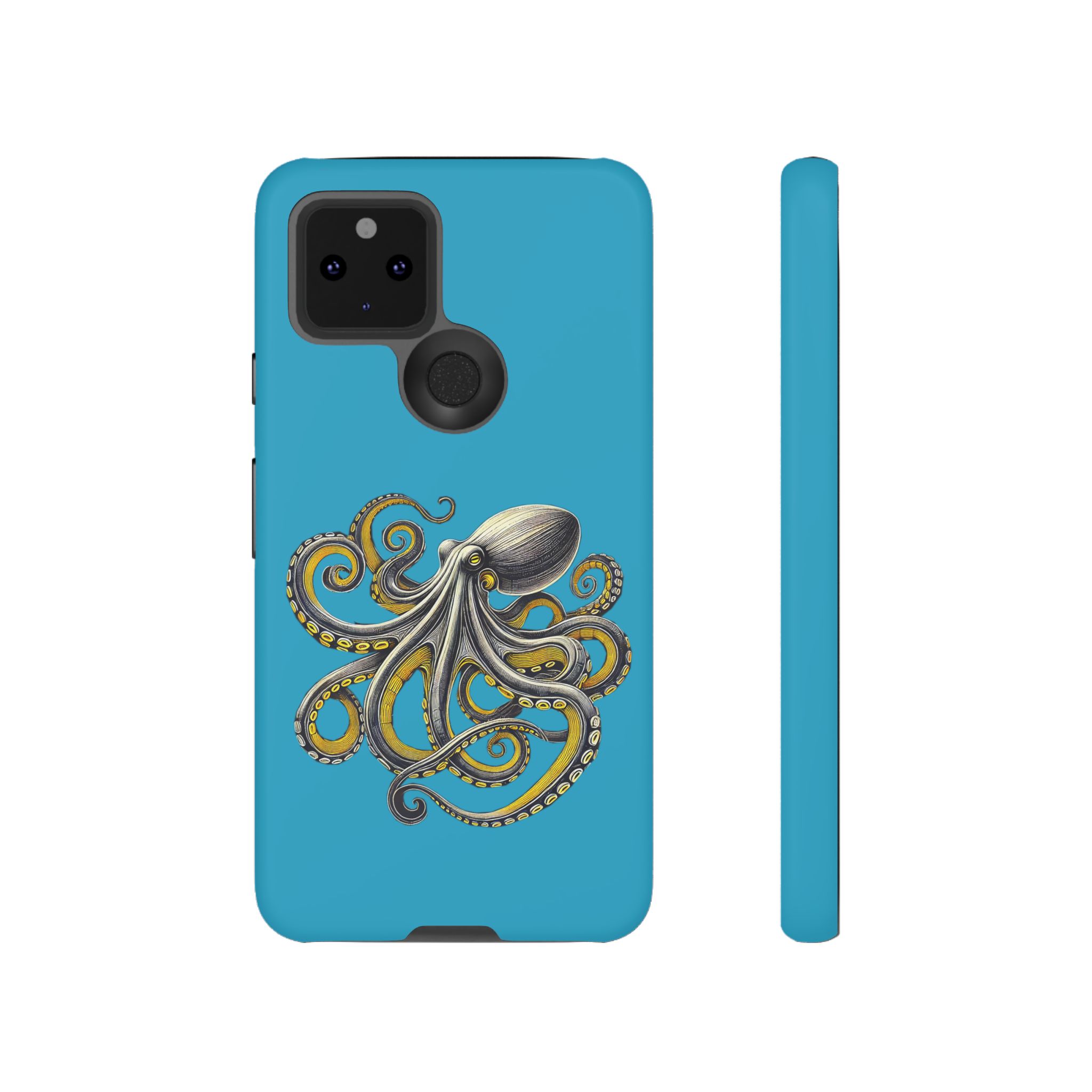 Phone case with a blue background and an illustrated octopus design in the center.