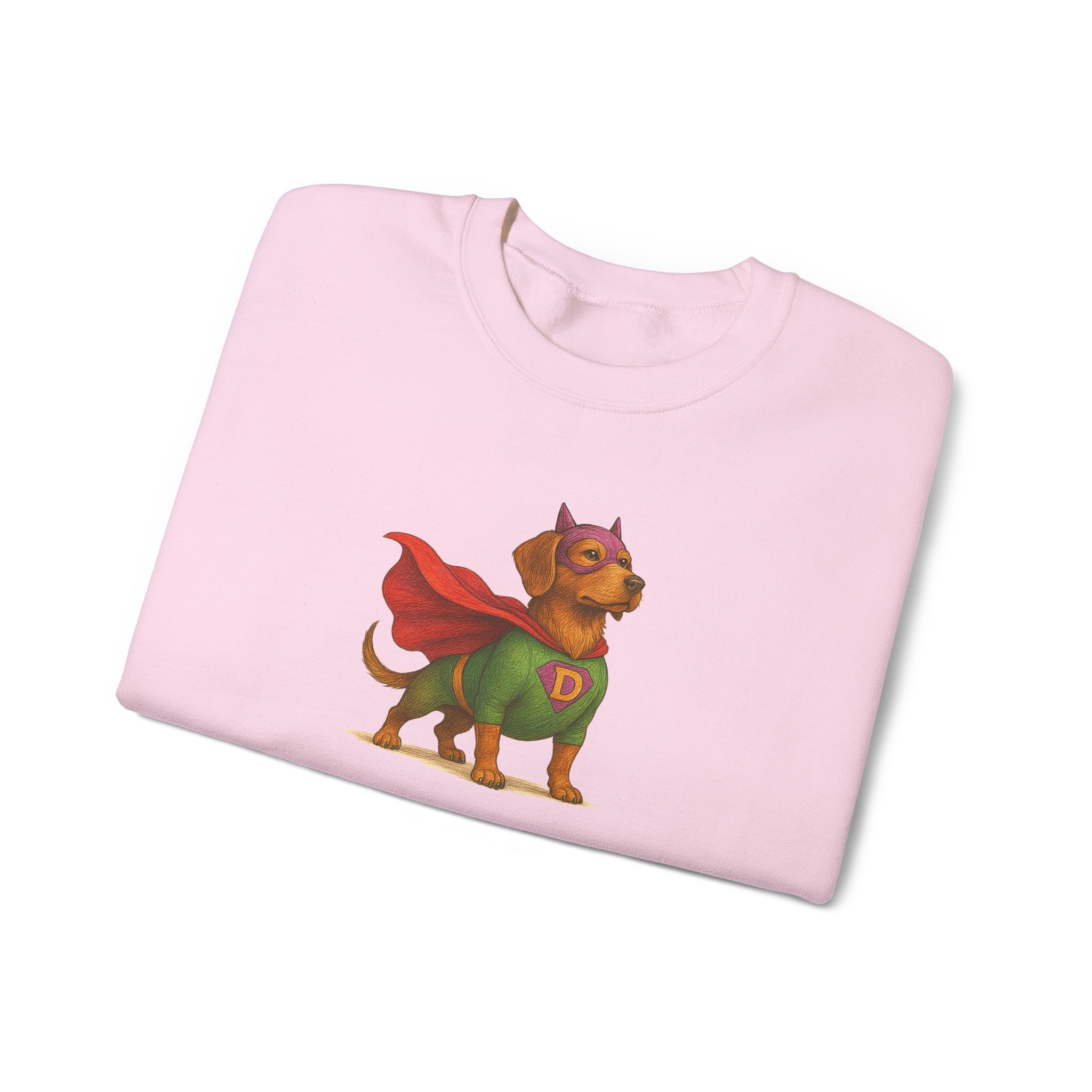 Pink sweatshirt featuring a cartoon dog in a superhero costume with a green shirt and red cape.