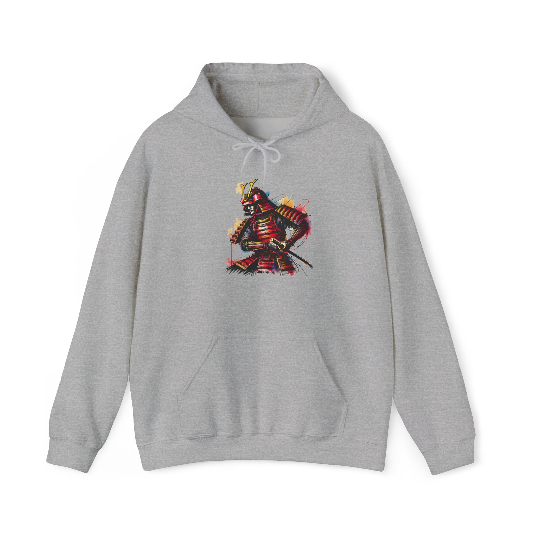 Gray hoodie featuring a colorful samurai graphic design on the front.