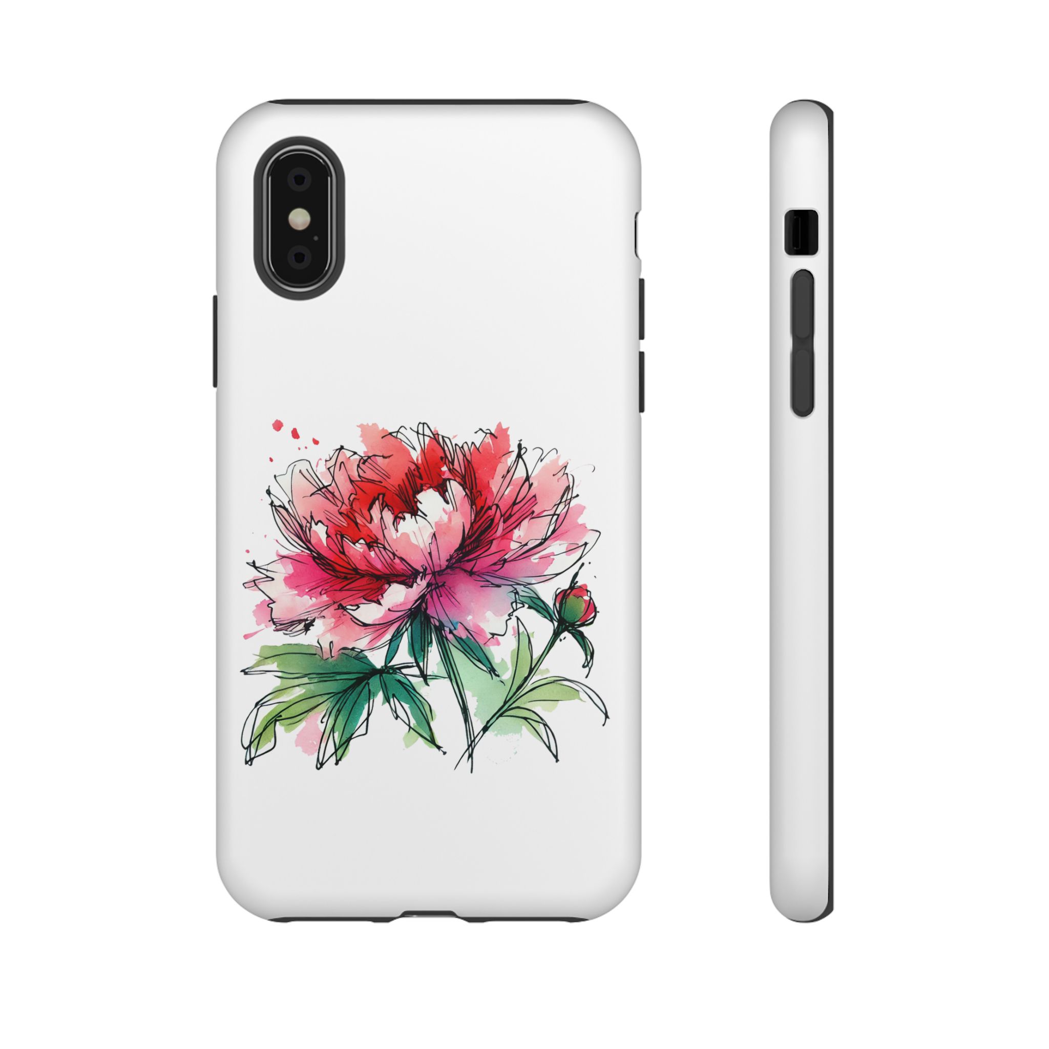 Phone case featuring a hand-drawn illustration of a red and pink peony flower with green leaves.