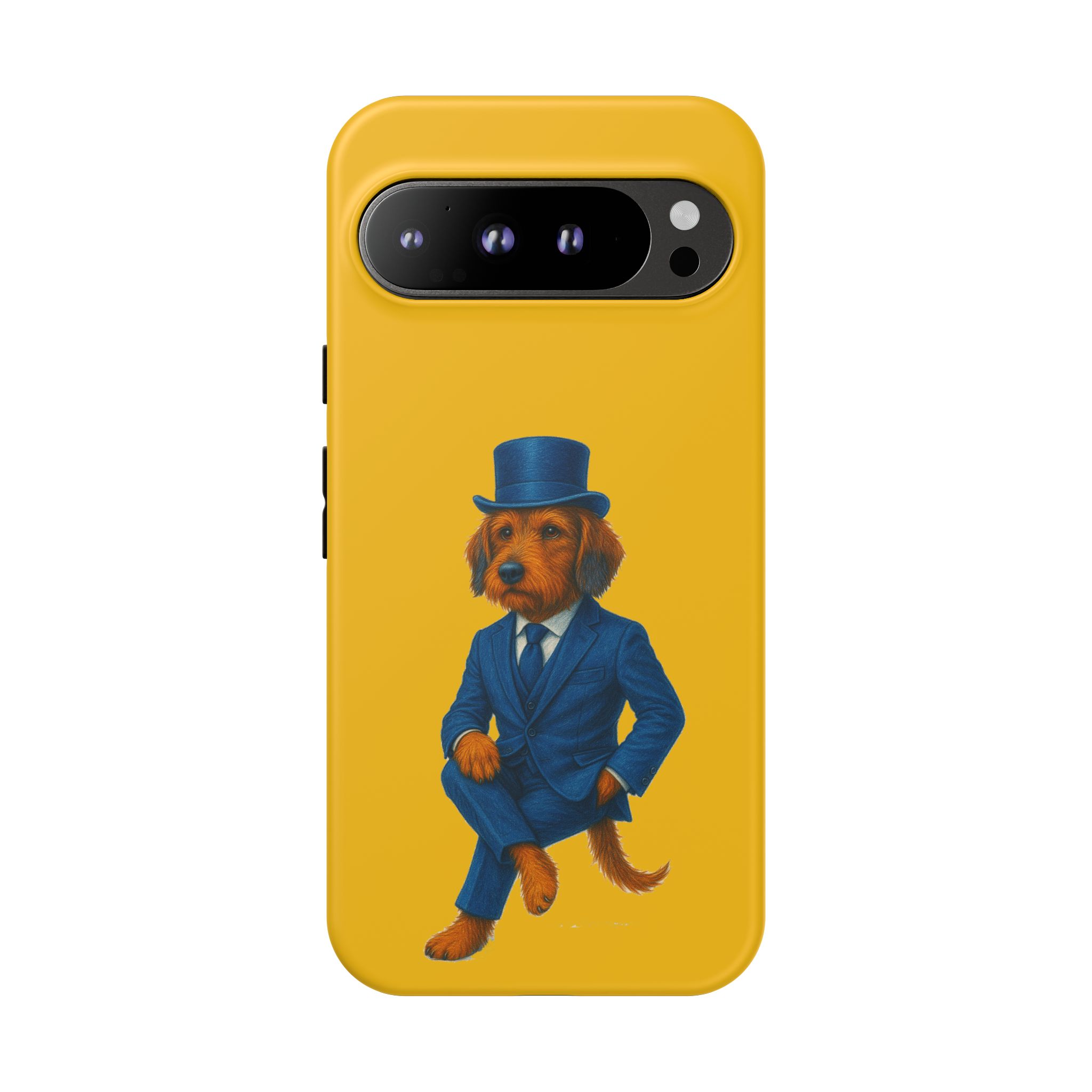Illustration of a dog wearing a blue suit and a top hat against a yellow background.