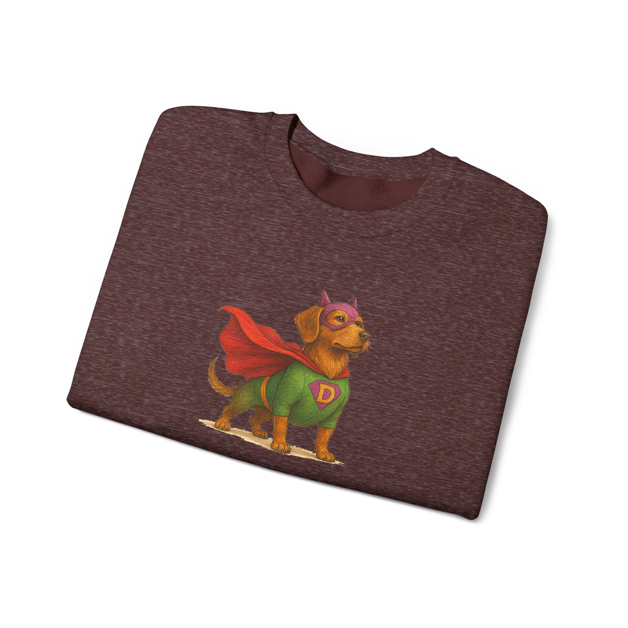 Maroon t-shirt featuring a dog dressed as a superhero with a cape and mask.