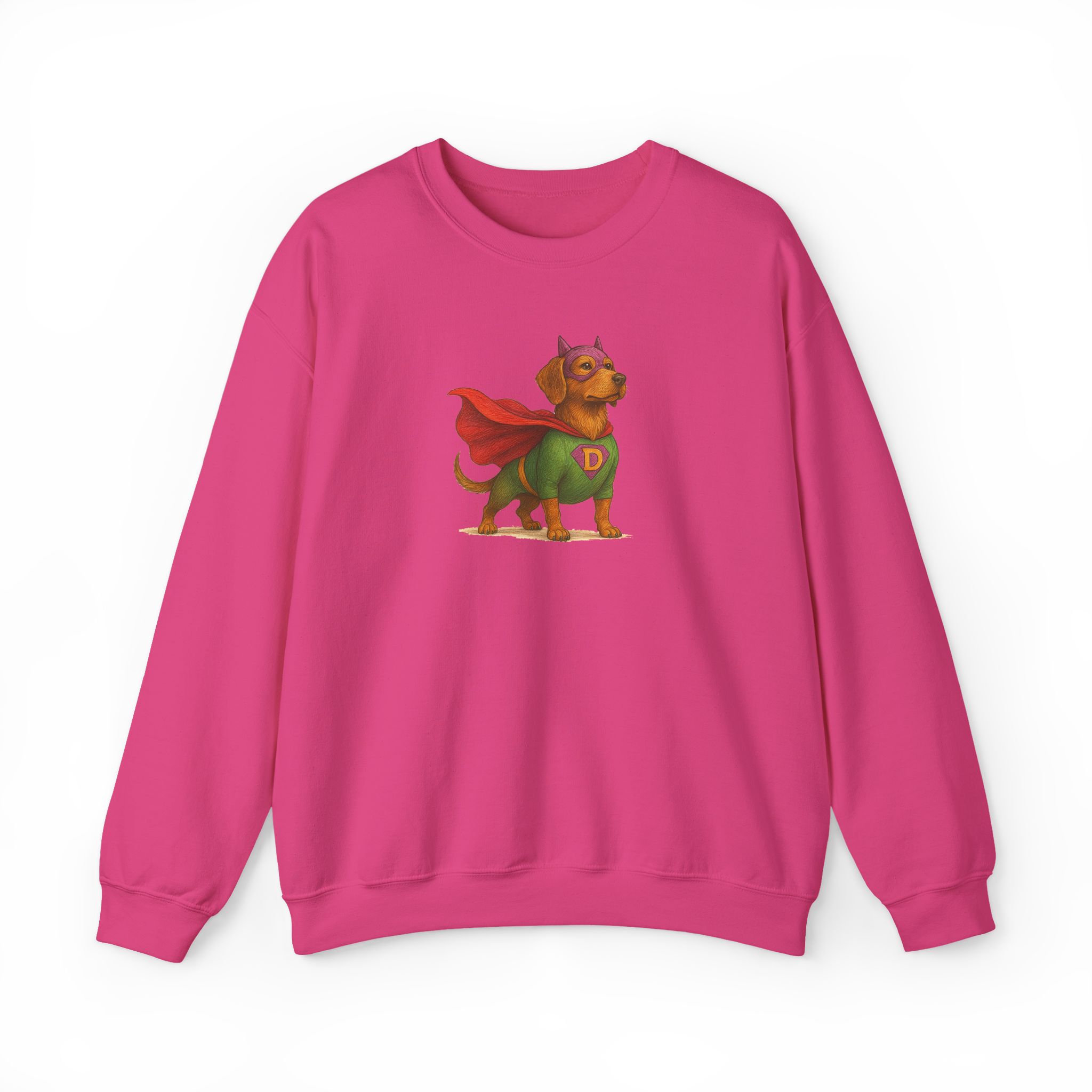 Pink sweatshirt featuring a cartoon dog in a superhero costume with a cape and mask.