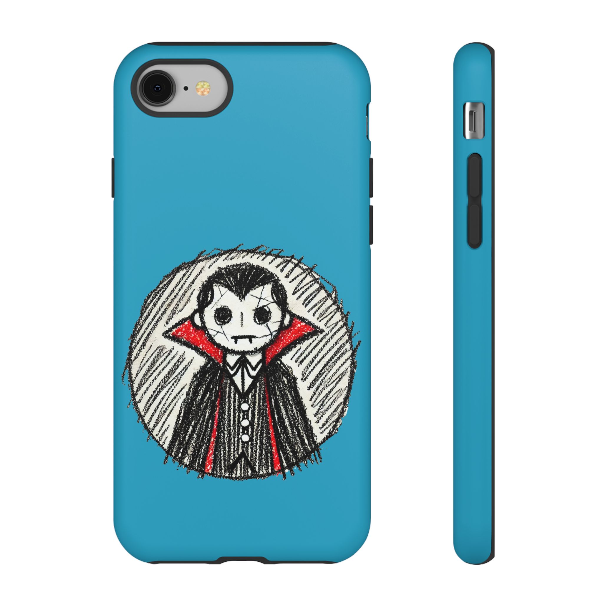 Cartoon vampire character with a black suit and red cape on a blue phone case.