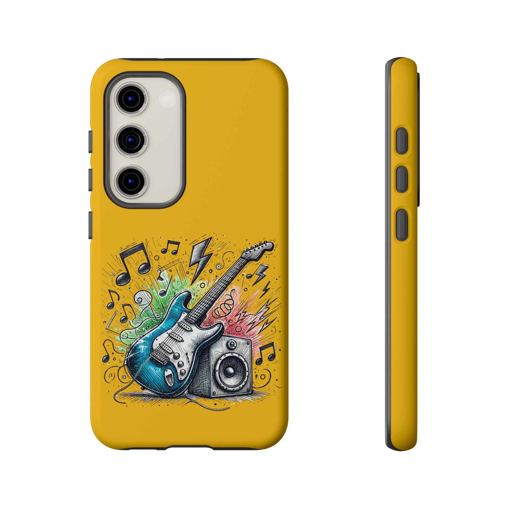 Yellow phone case featuring an illustration of a guitar and speaker with musical notes.