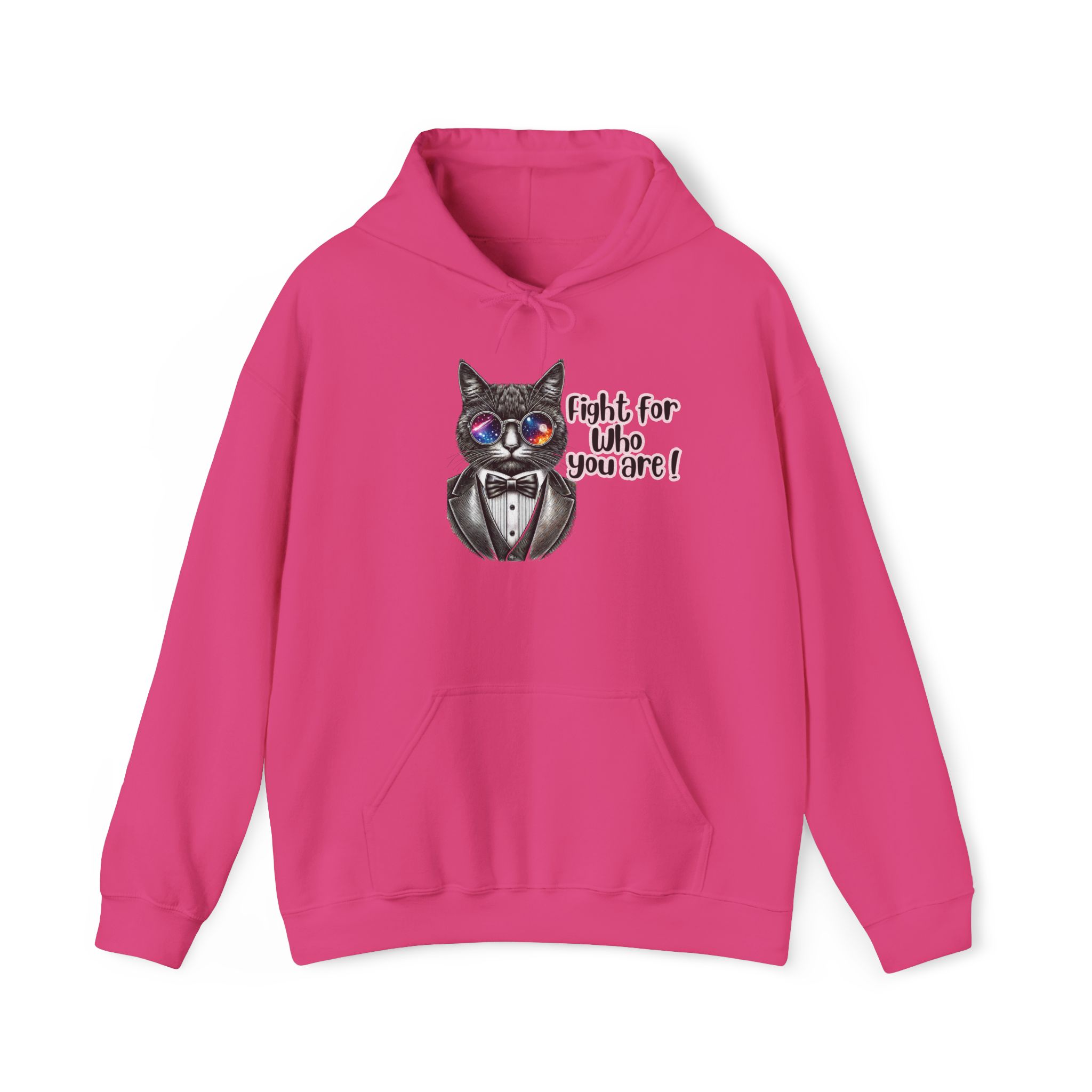 Pink hoodie featuring a cat wearing glasses and a tuxedo with the text 'fight for who you are!'