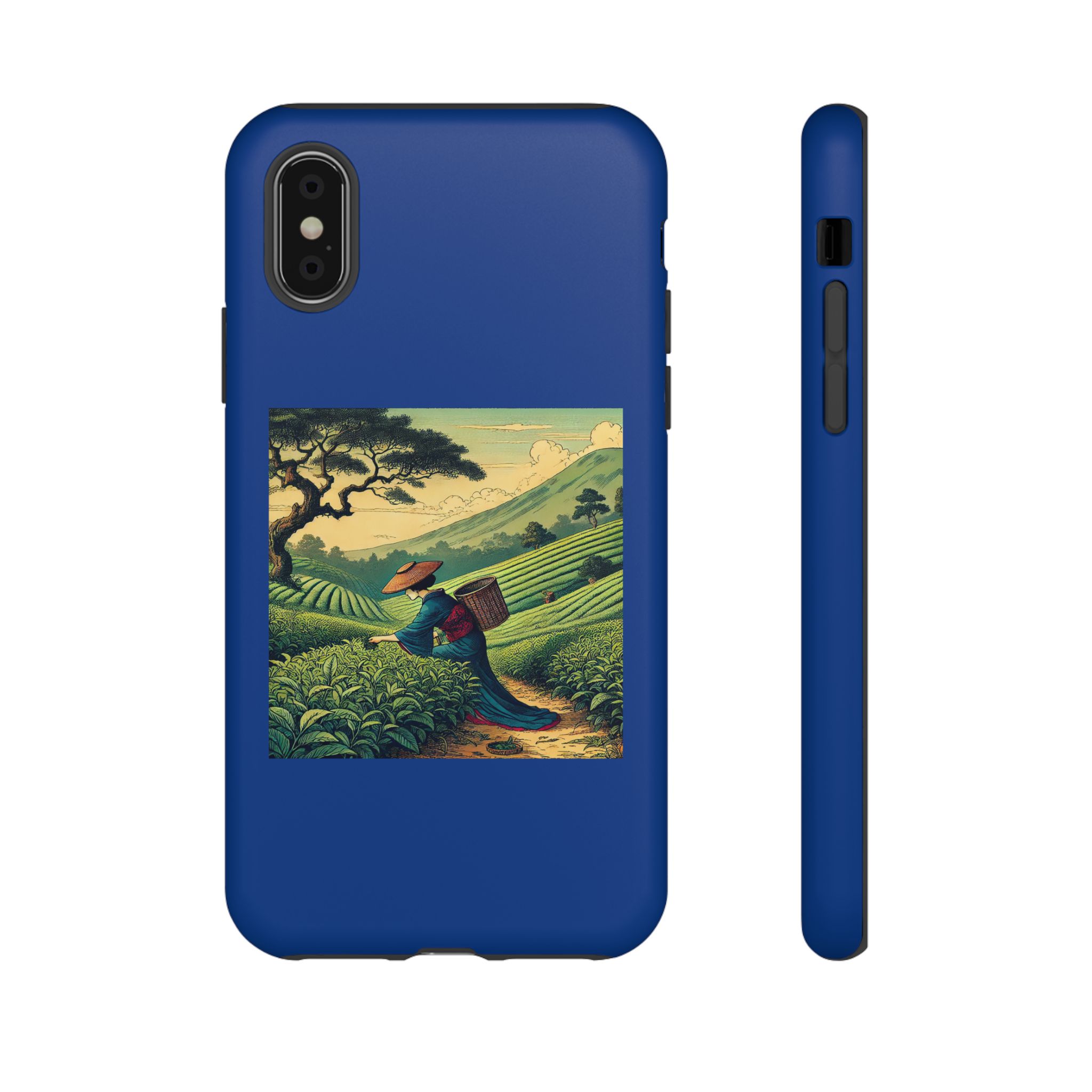 Blue phone case featuring an illustration of a tea picker in a lush landscape.