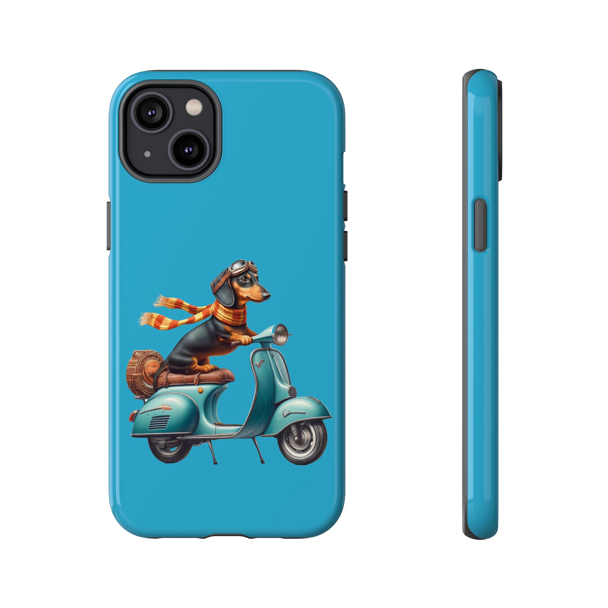 A phone case featuring a dog wearing goggles and a scarf riding a vintage scooter.