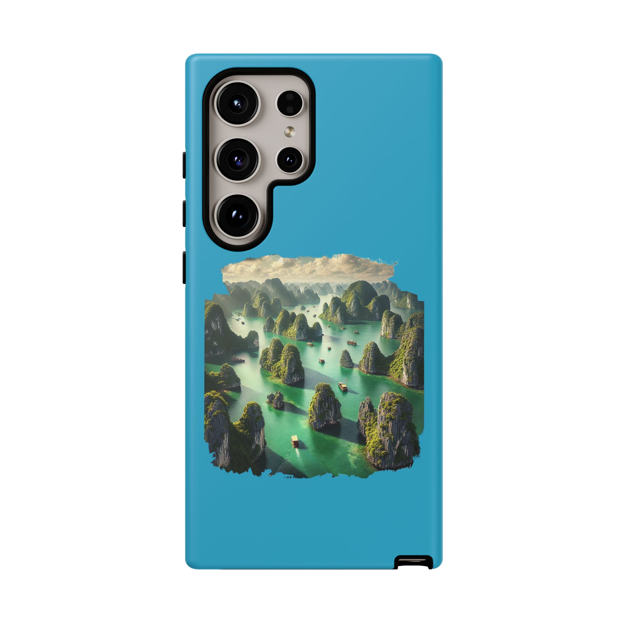 Phone case featuring a scenic landscape design with mountains and water.