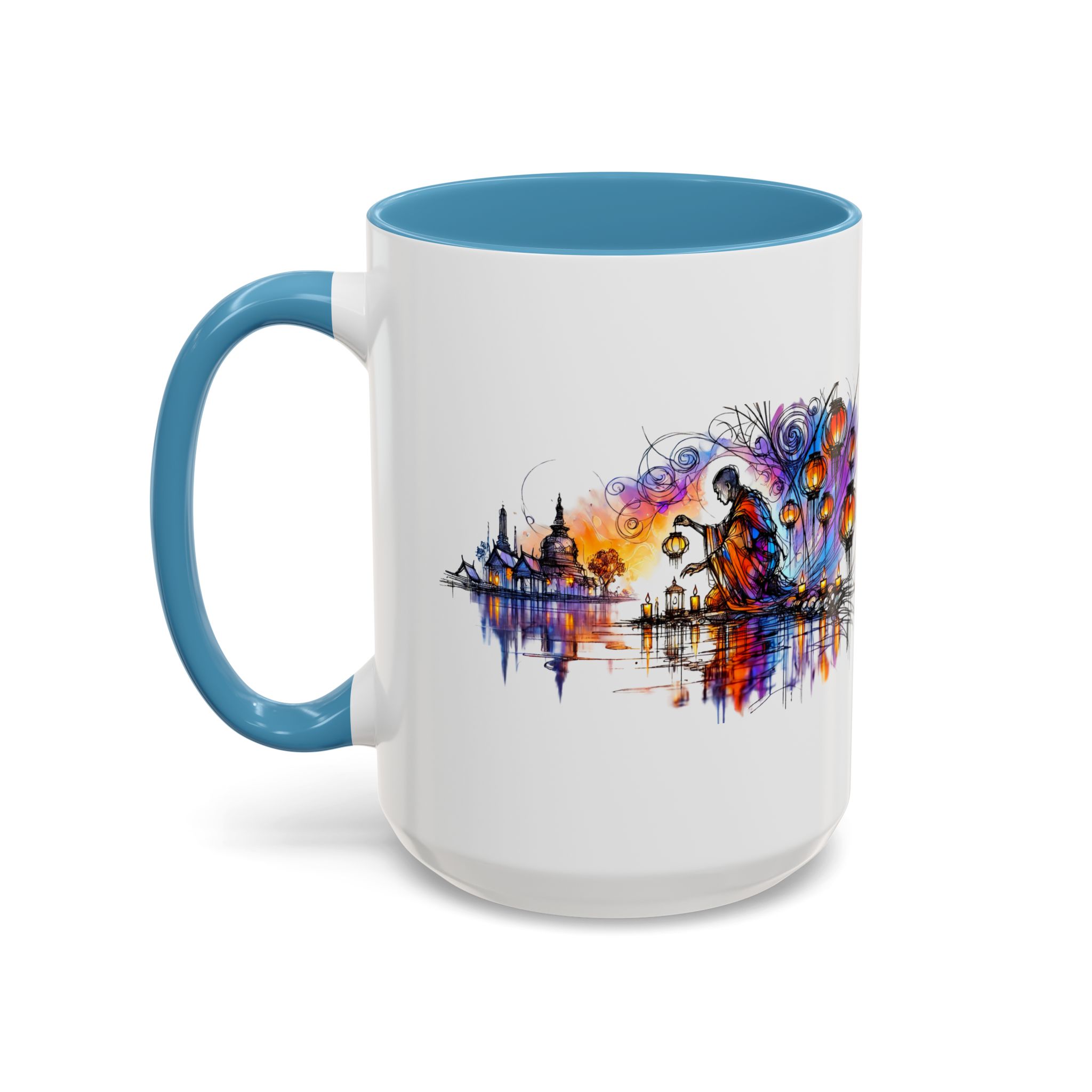 Mug featuring a vibrant artistic design with a figure and colorful patterns against a reflective background.