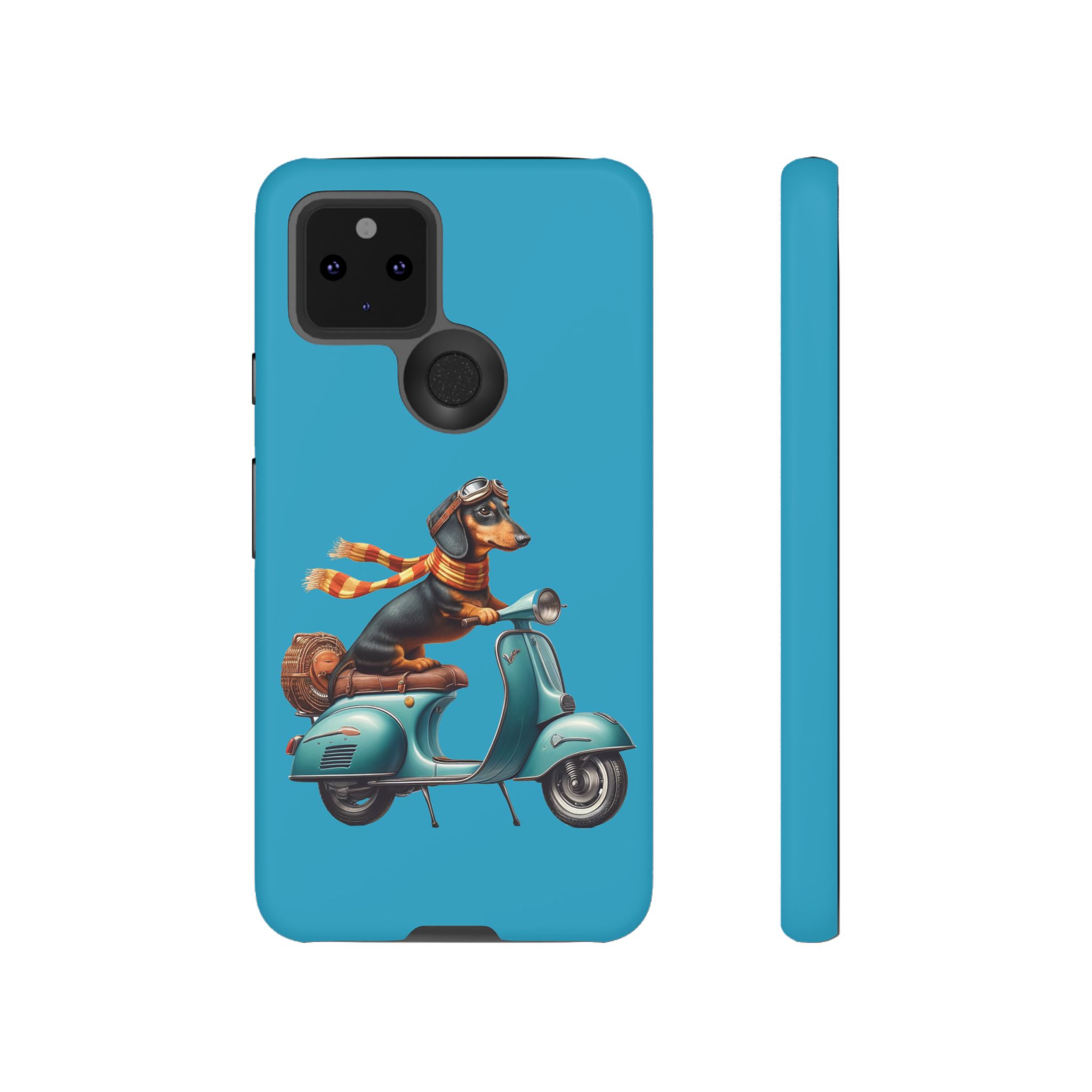Dachshund wearing goggles and a scarf riding a vintage scooter on a blue background.