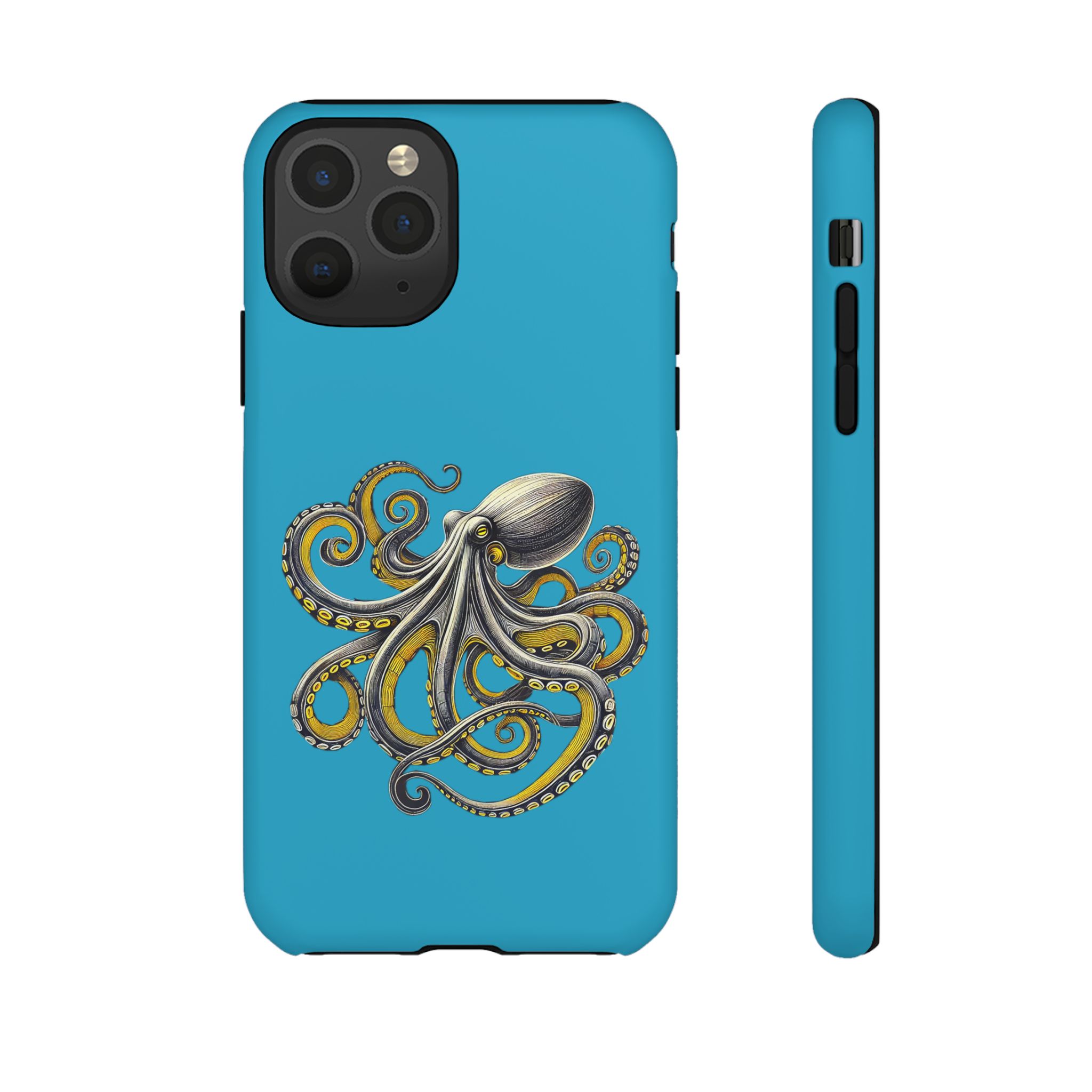 Phone case with a blue background featuring a detailed octopus design in the center.