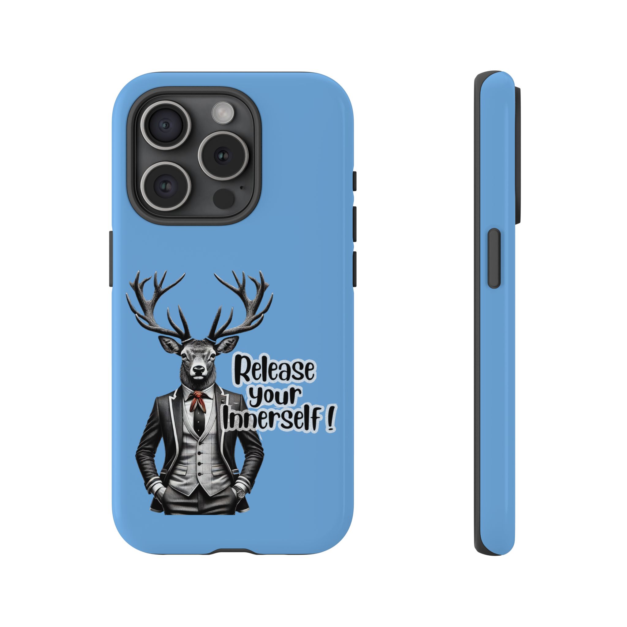 Blue phone case featuring a deer in a suit with the text 'Release your Innerself'.