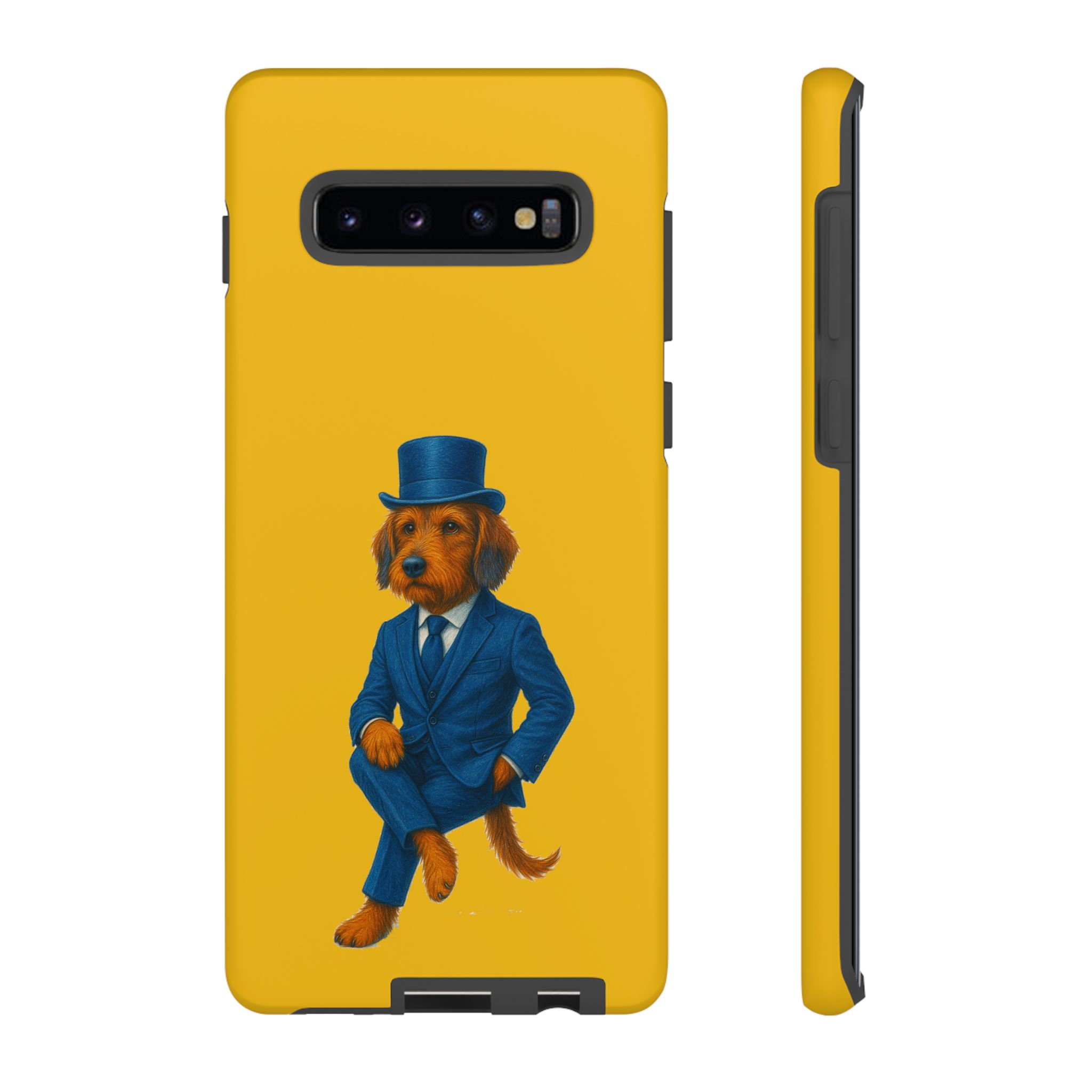 Phone case featuring a dog dressed in a blue suit and top hat against a yellow background.