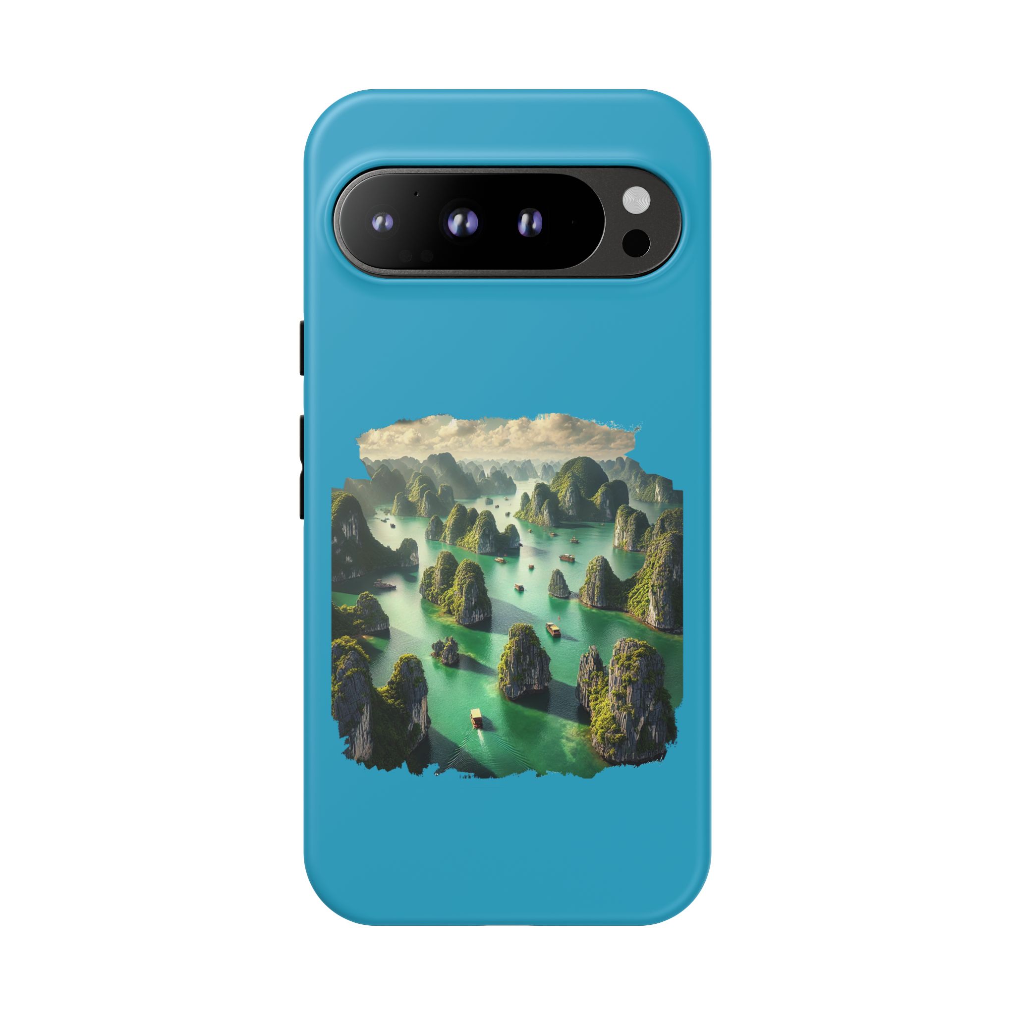 Phone case featuring a scenic landscape of green islands and boats on a blue background.