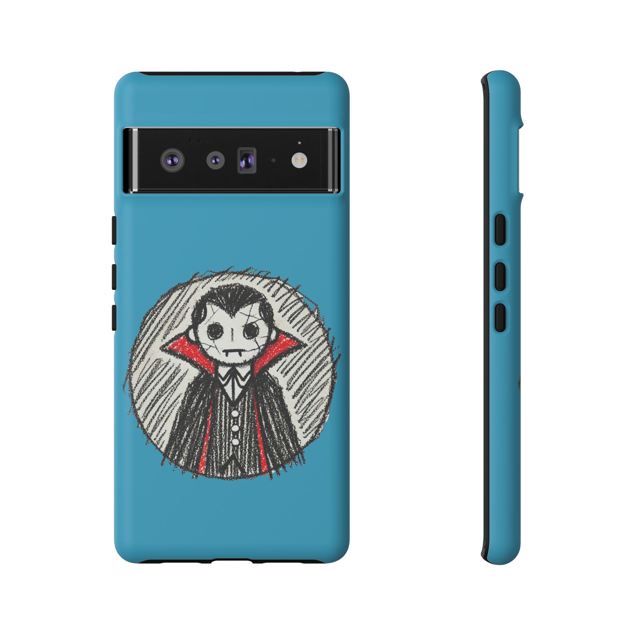 Blue phone case featuring a hand-drawn illustration of a Dracula character in a black suit and red cape.