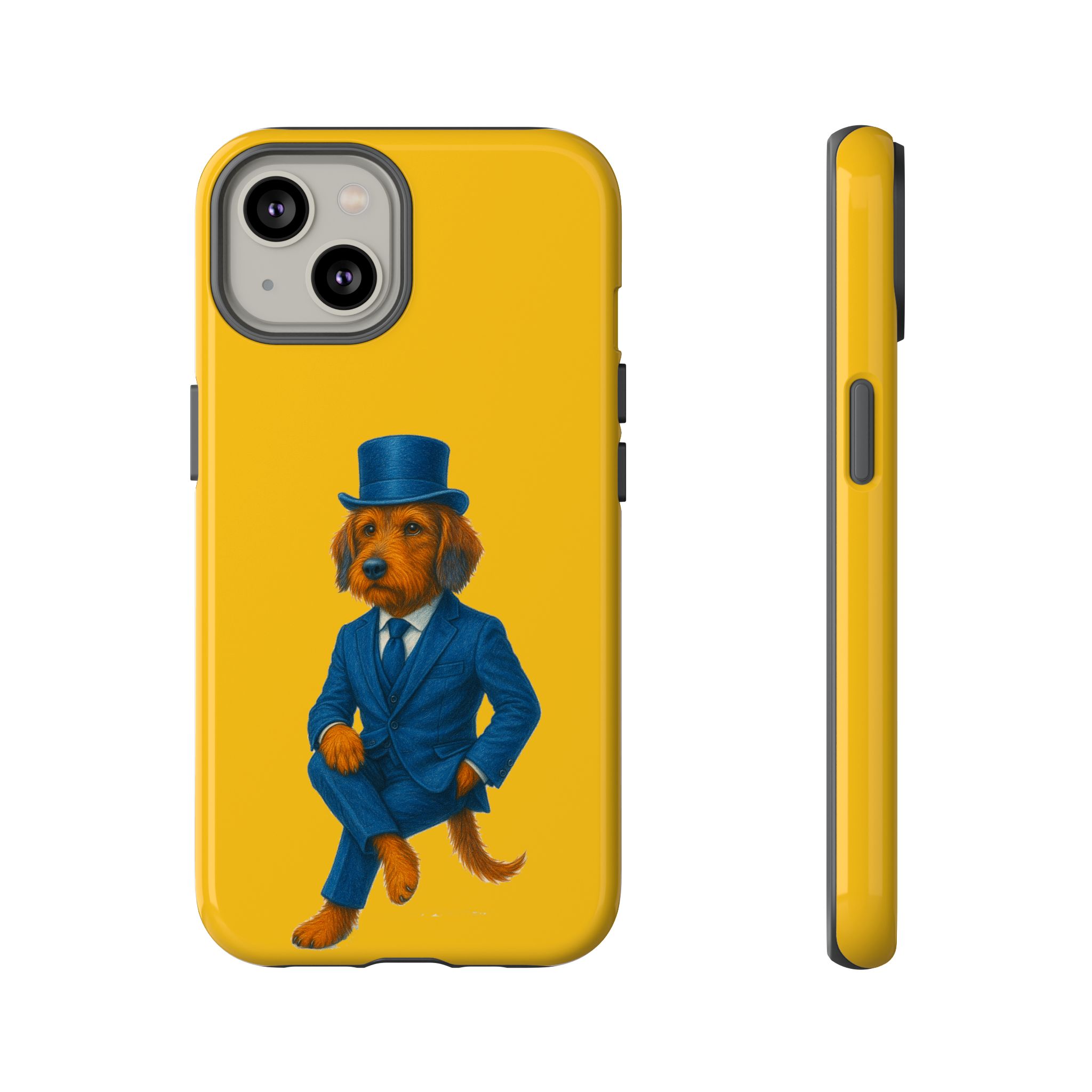 Phone case featuring a dog dressed in a blue suit and top hat against a yellow background.