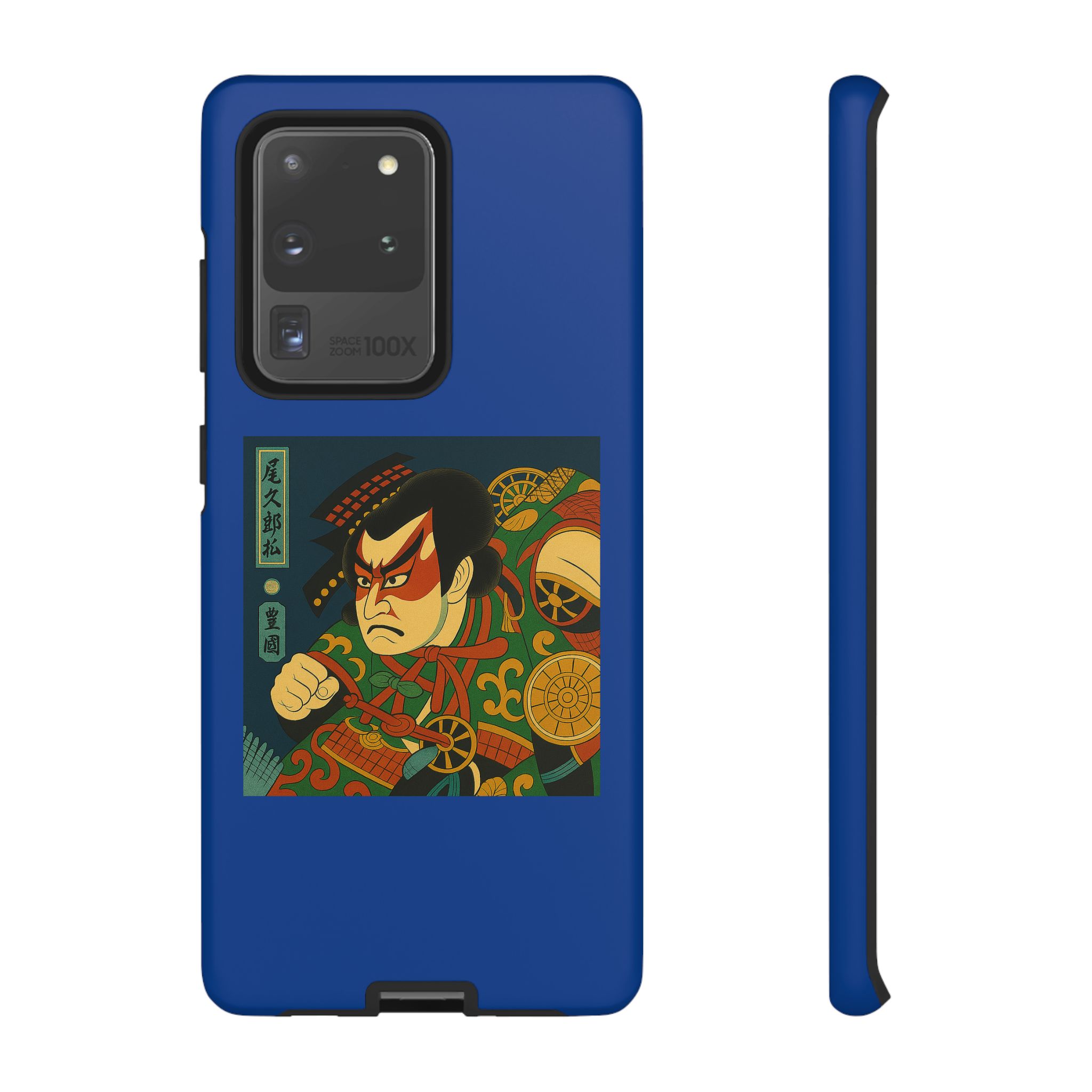 Blue phone case featuring a traditional Japanese art design with a warrior character.