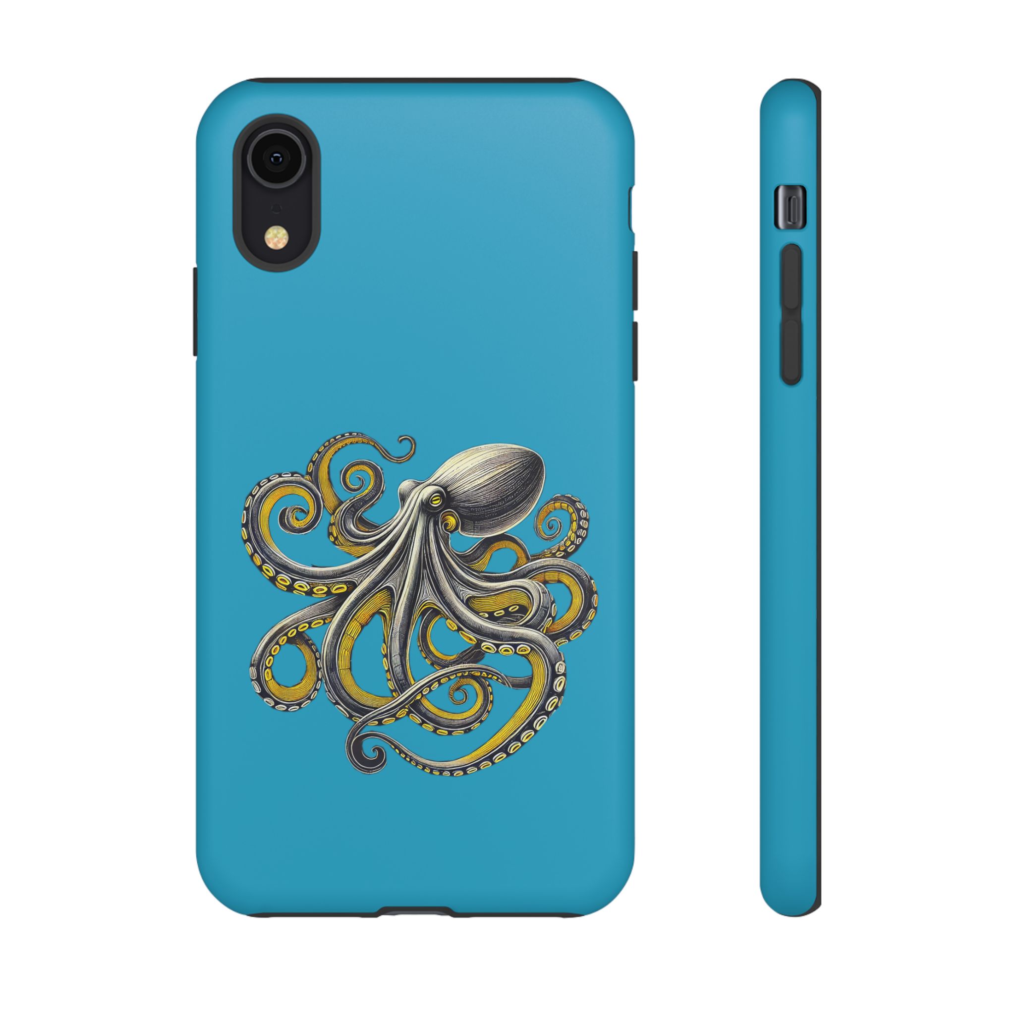 Phone case featuring an illustration of an octopus with detailed tentacles on a blue background.