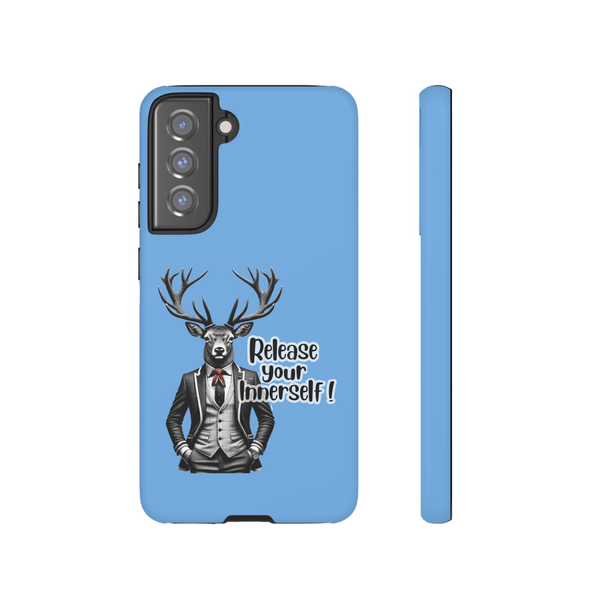 Blue phone case featuring a deer in a suit with the text 'Release your Innerself'.