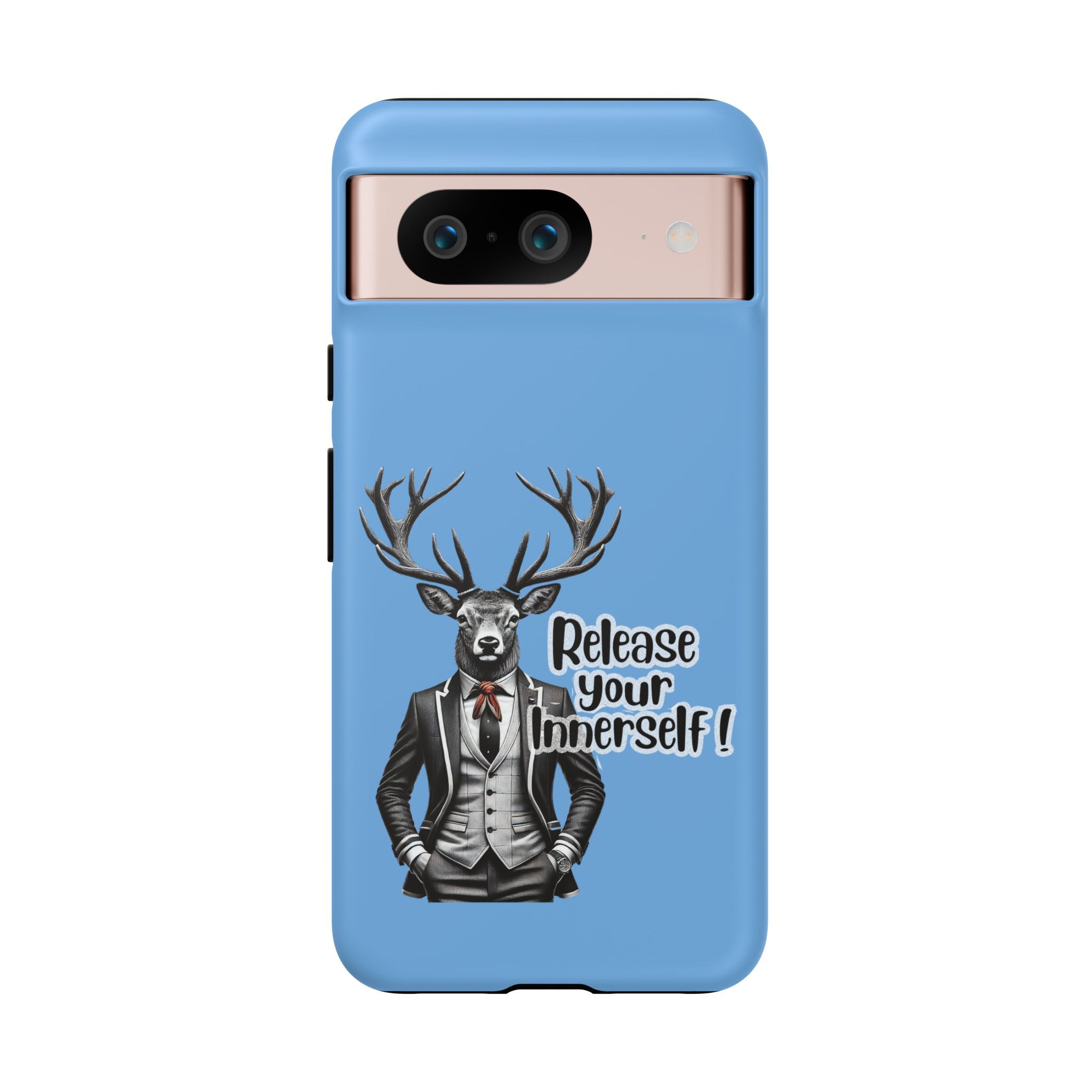 Phone case featuring a deer dressed in a suit with the text 'Release your Innerself!' in a playful design.