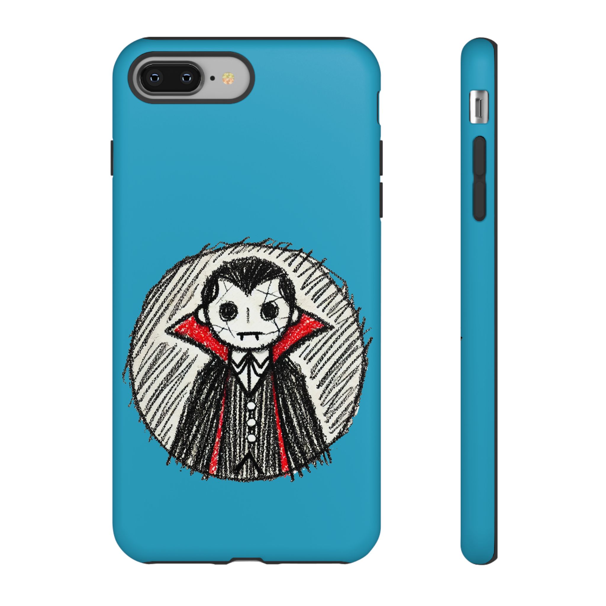 Phone case design featuring a vampire character with a blue background and red collar.
