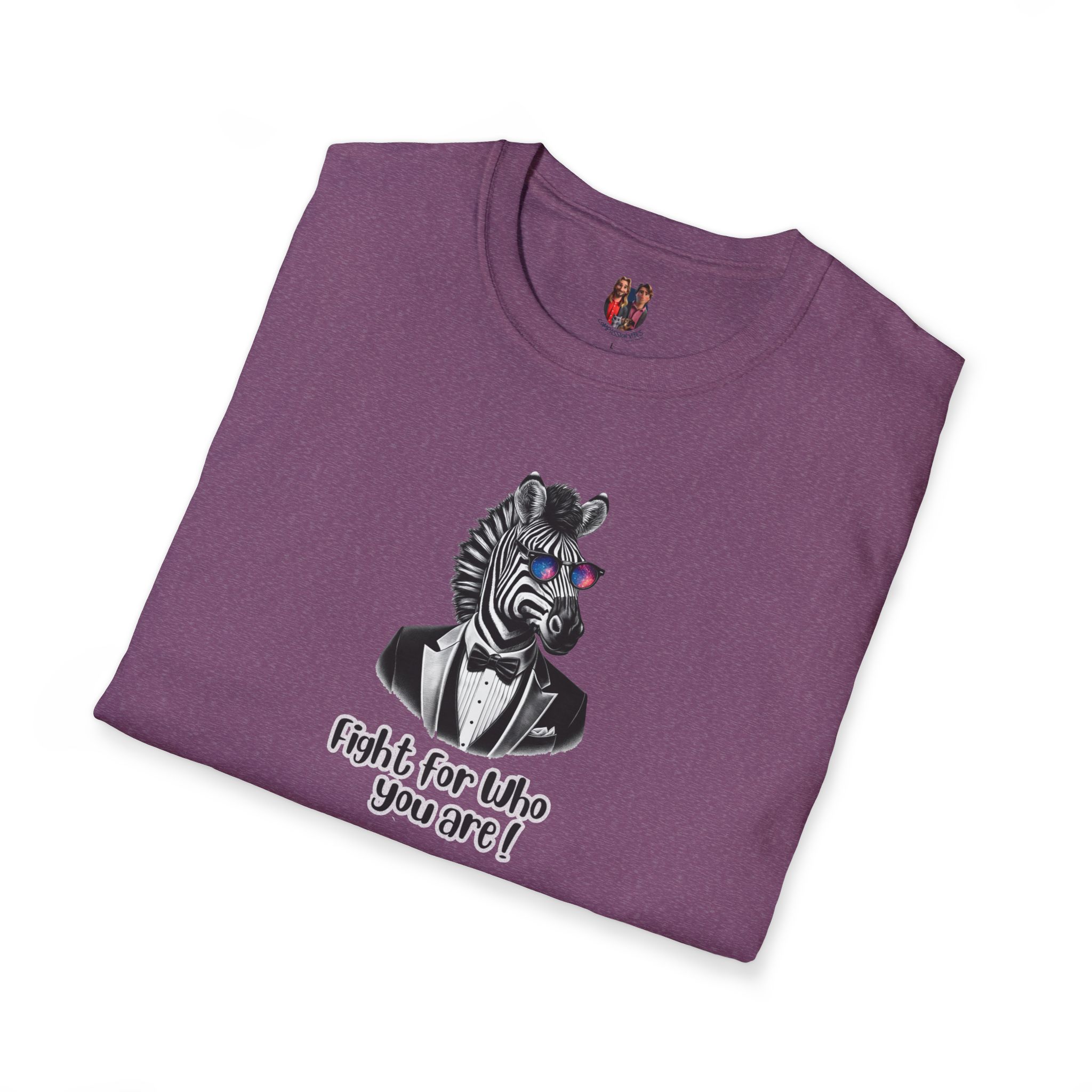 Purple t-shirt featuring a zebra wearing sunglasses and a tuxedo with the text 'Fight for Who You Are!'