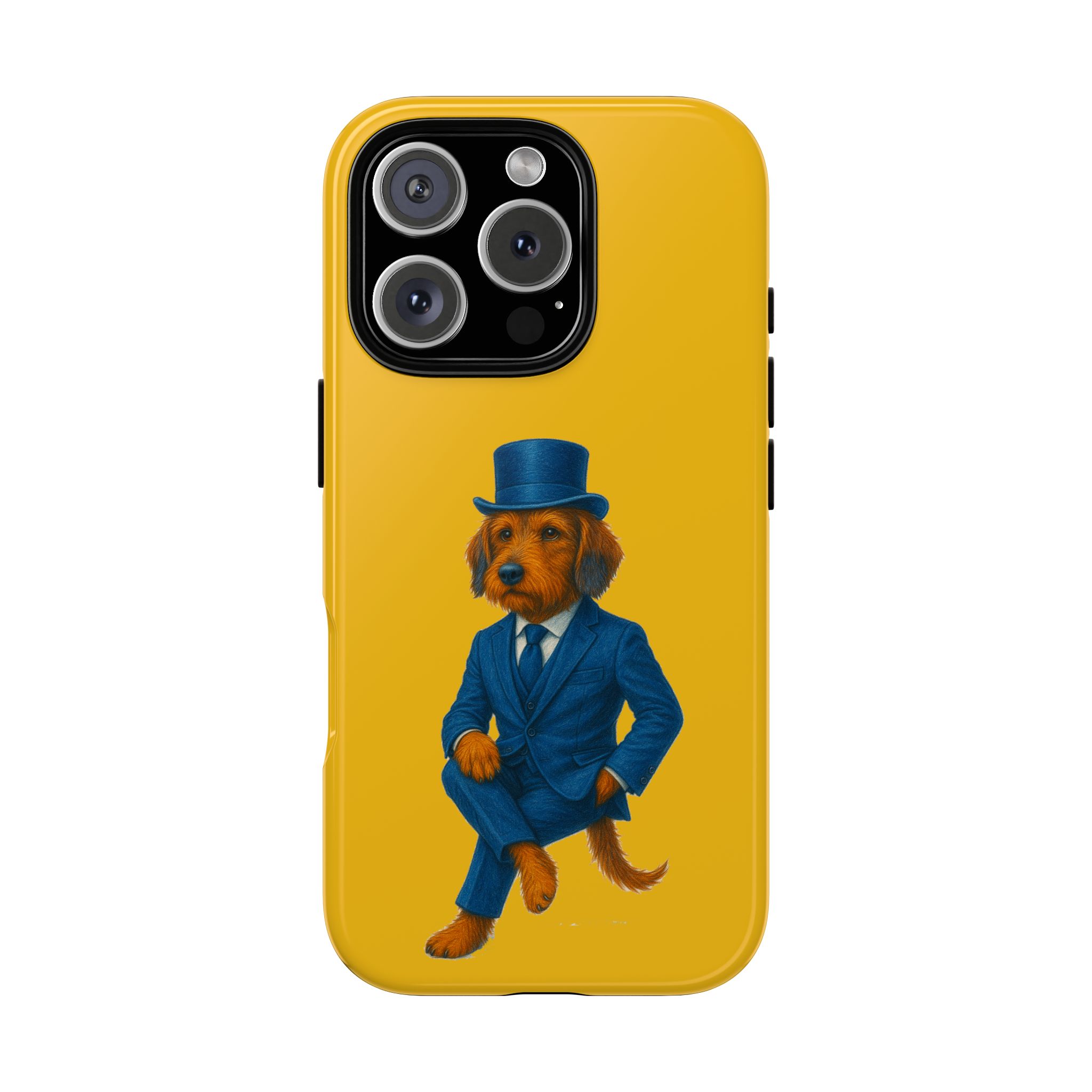 Phone case featuring a dog dressed in a blue suit and top hat against a yellow background.