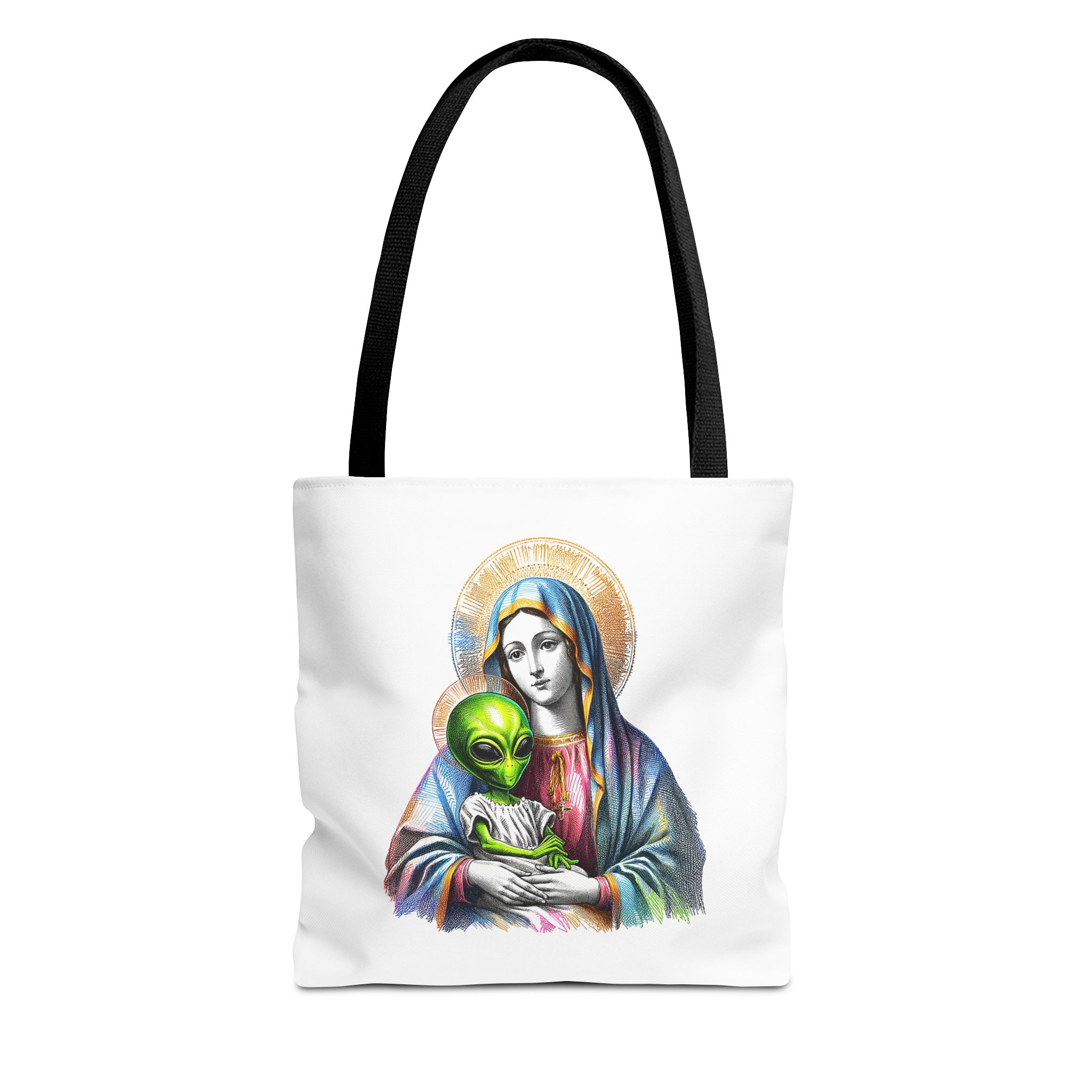 Satiric cute tote bag Boho shoulder bag Alien virgin mary retro shoulder bag fun gift religious design purse unique handbag