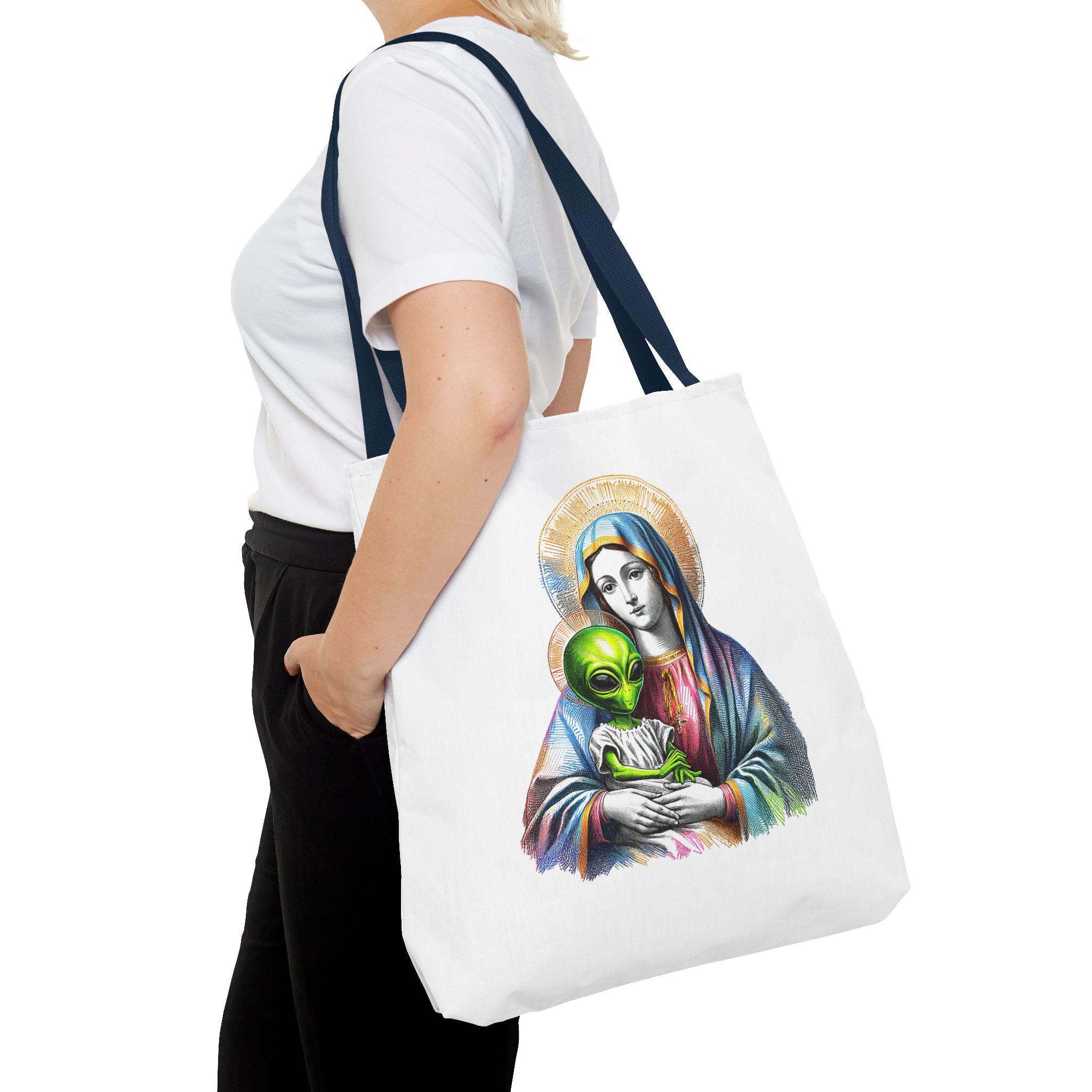 Satiric cute tote bag Boho shoulder bag Alien virgin mary retro shoulder bag fun gift religious design purse unique handbag – Image 30