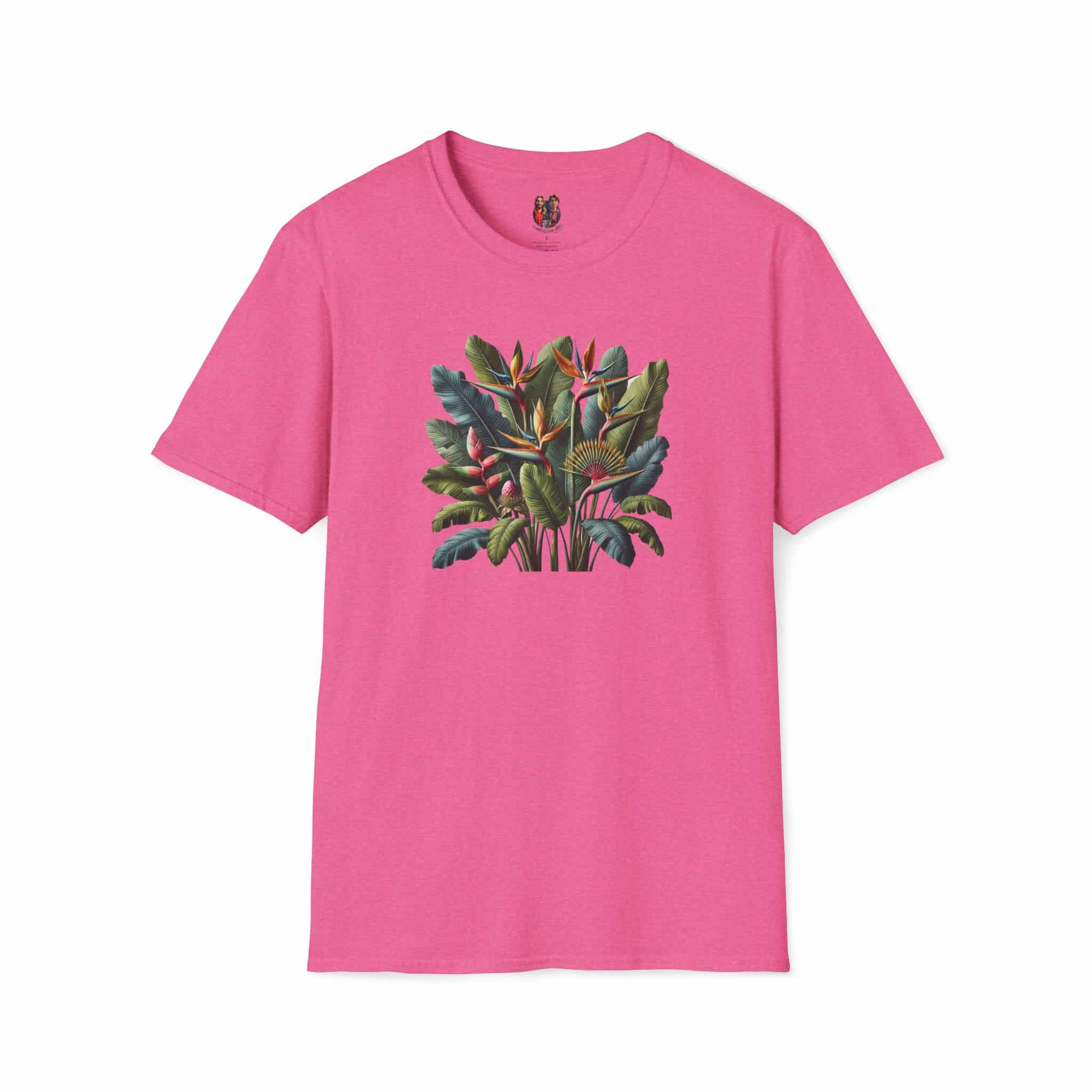 Pink t-shirt featuring a colorful tropical plant graphic on the front.