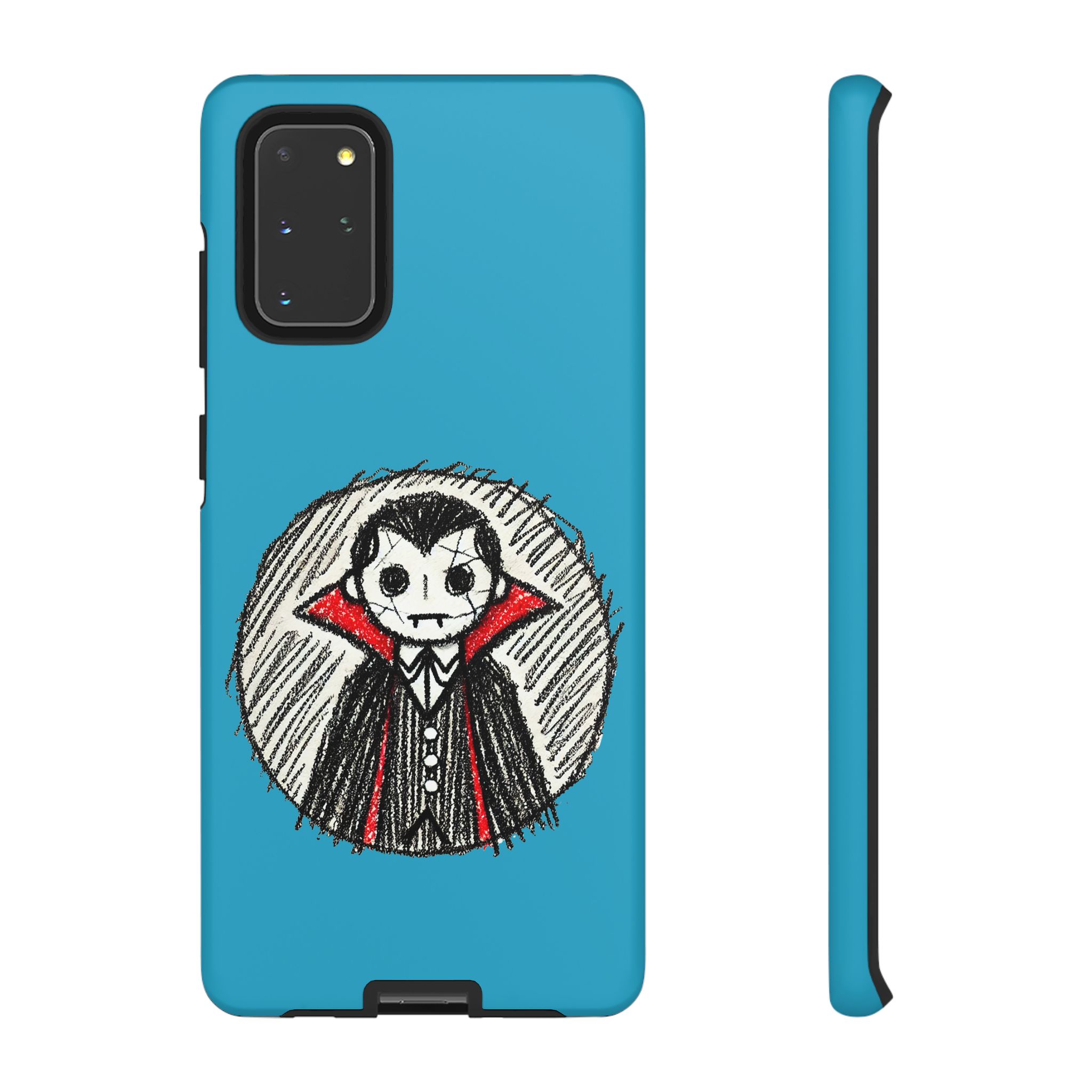 Blue phone case featuring a hand-drawn illustration of a Dracula character with a red cape.