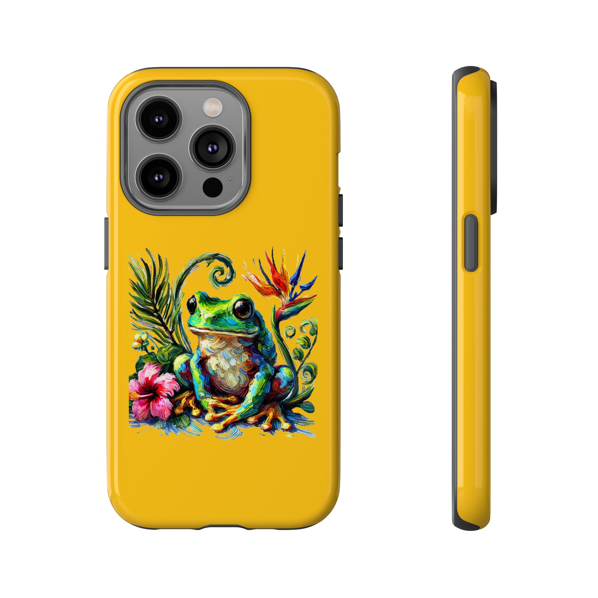 Yellow phone case featuring a colorful frog surrounded by tropical plants and flowers.
