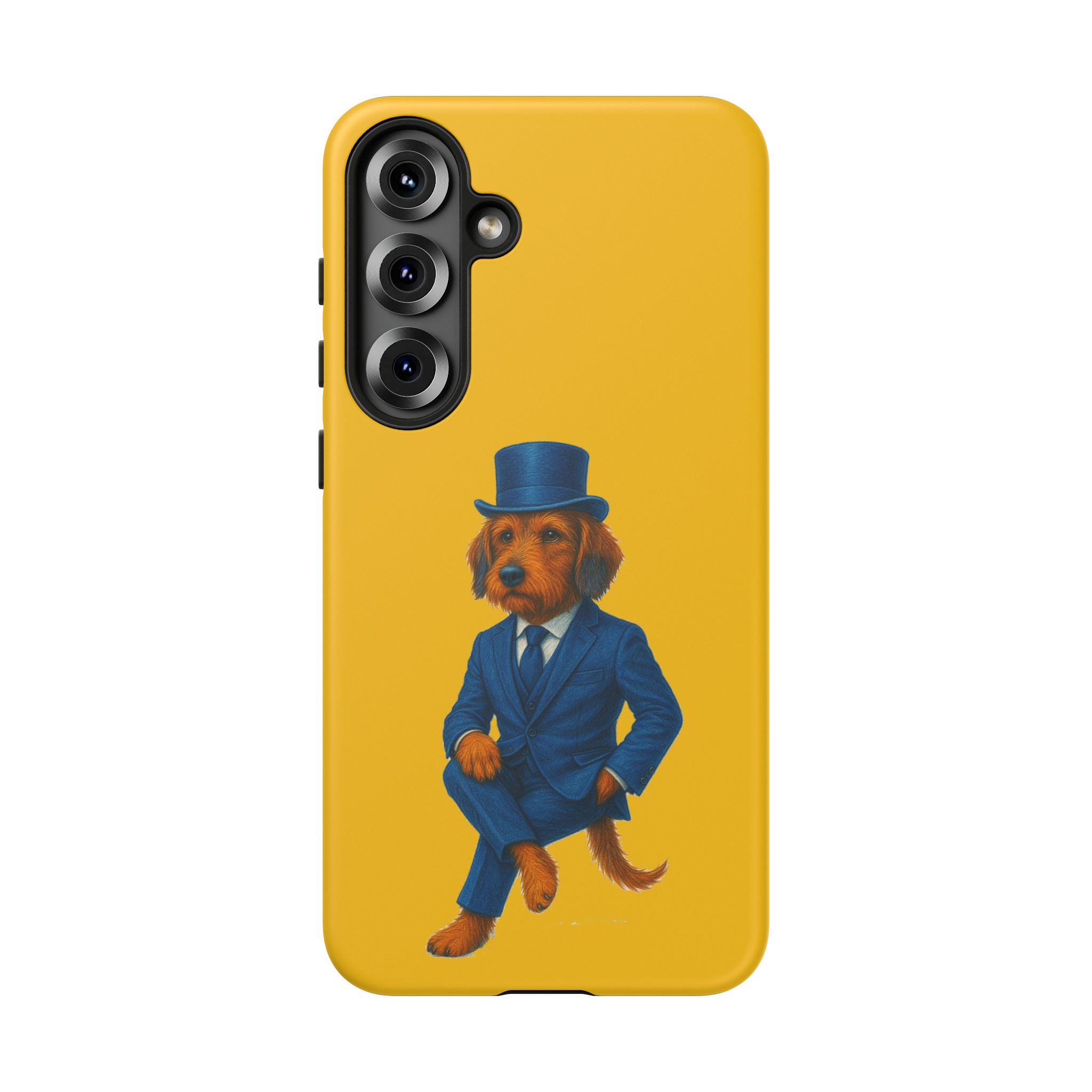 A phone case featuring an illustration of a dog wearing a blue suit and top hat against a yellow background.