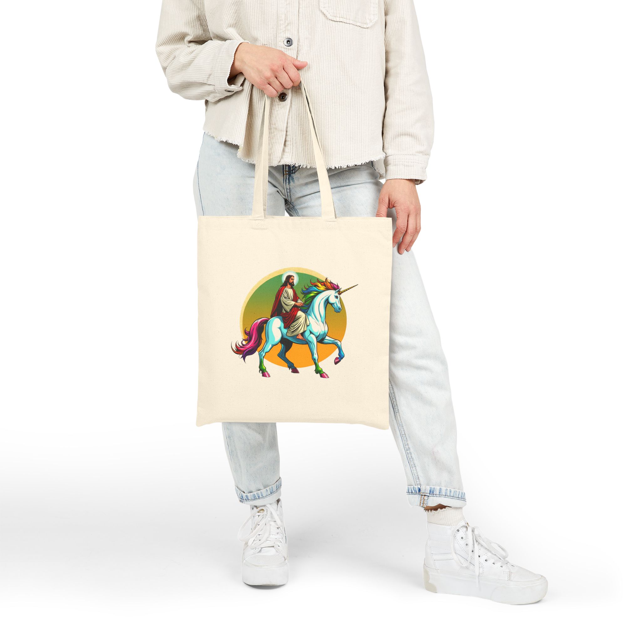 Satiric cute tote bag Jesus Unicorn canvas tote bag unicorn rider boho tote bag christ design religious sarcastic handbag unusual purse - Imagen 4